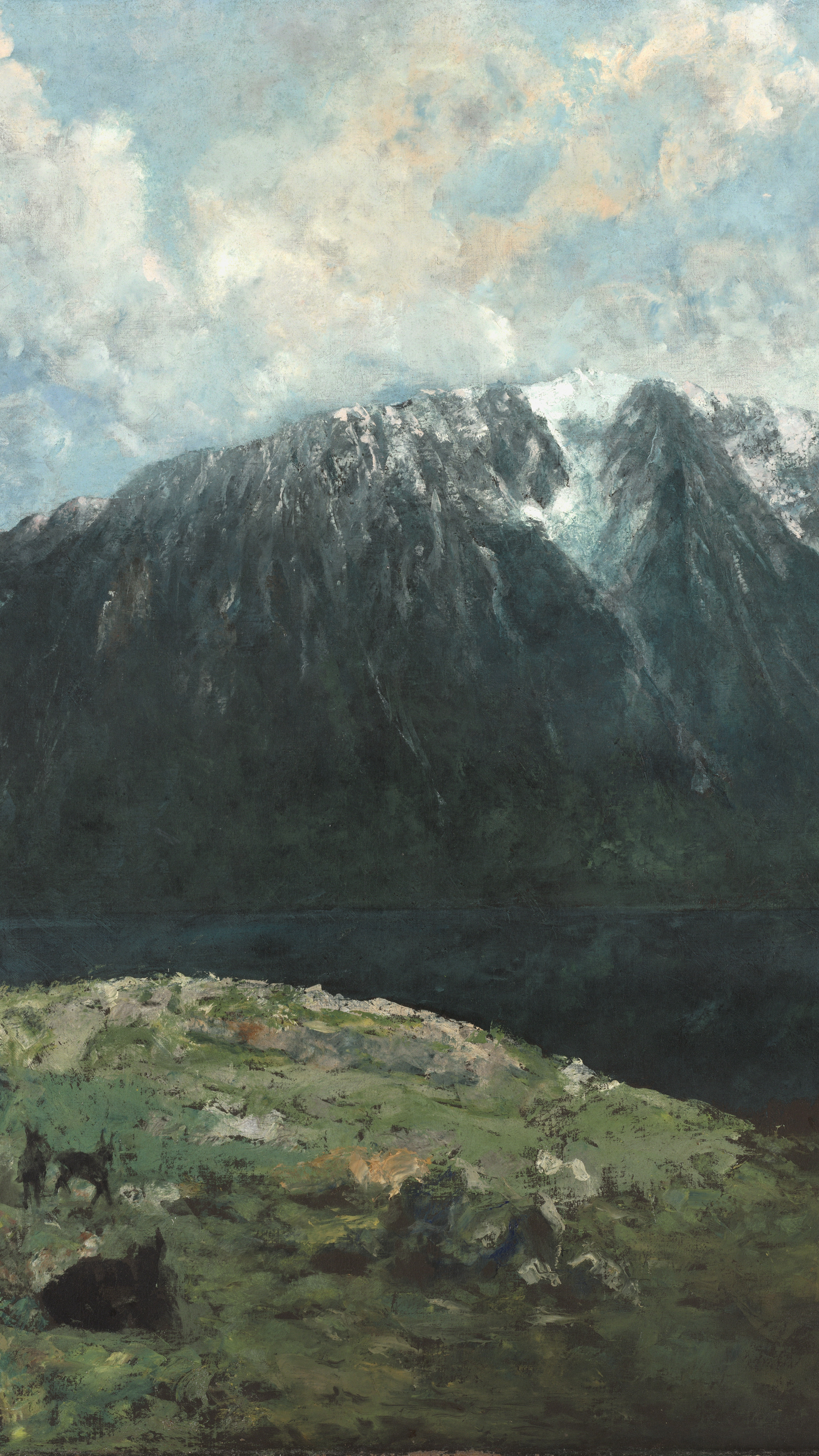 Dark moody vertical iPhone background from a painting: near-black mountain wall with snow along the ridge under heavy grey cloud, a still dark lake at its foot and a pale rocky slope in front