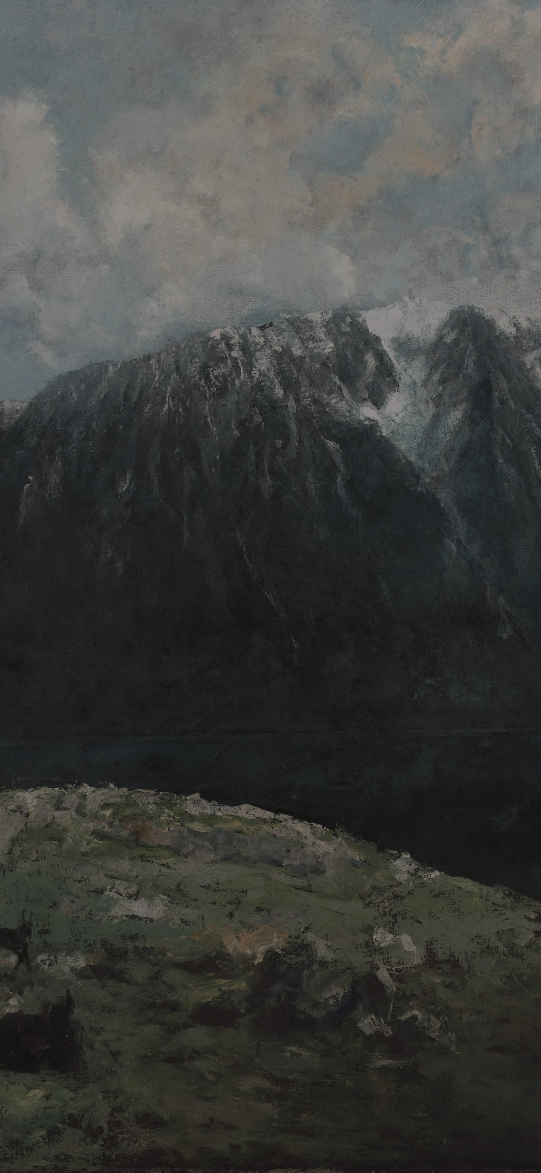 Dark moody vertical iPhone background from a painting: near-black mountain wall with snow along the ridge under heavy grey cloud, a still dark lake at its foot and a pale rocky slope in front