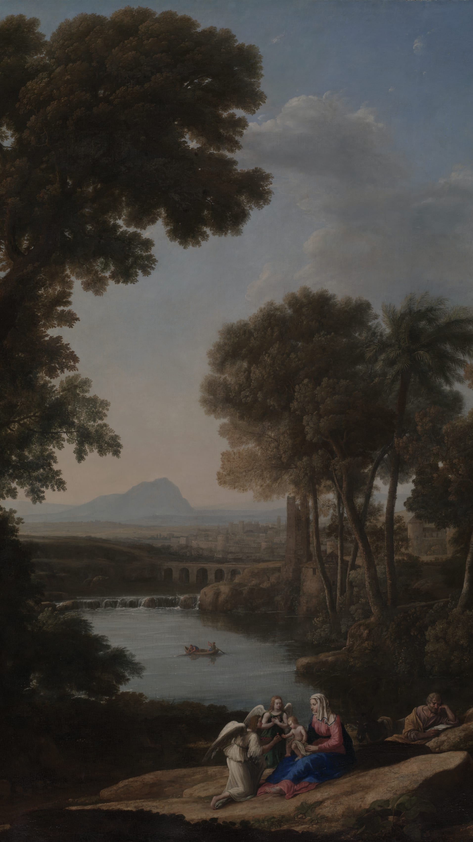 Dark academia vertical iPhone background from a painting: tall dark trees frame a serene river valley, robed woman with child and kneeling angel in the foreground, soft warm peachy sky beyond