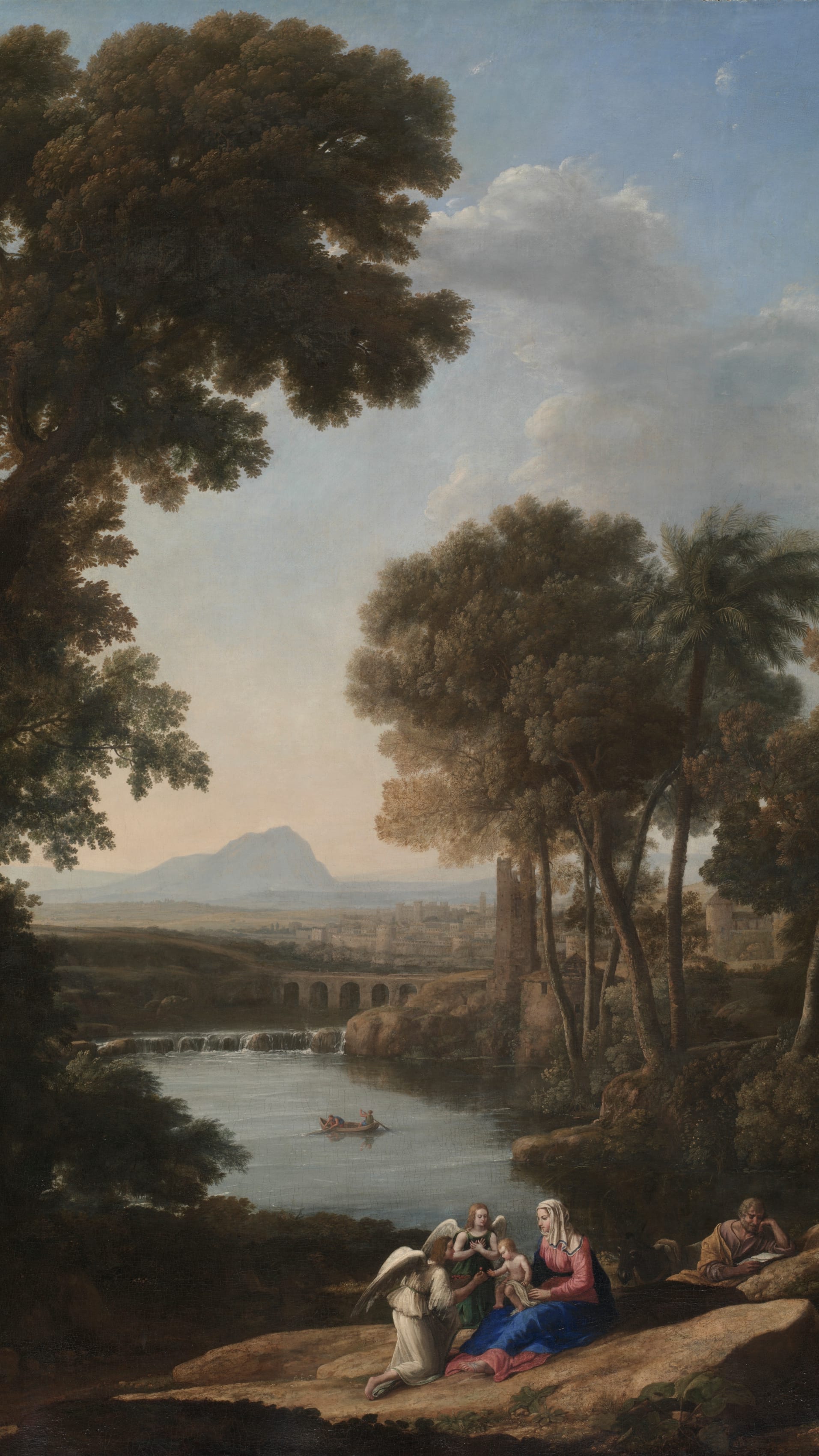 Dark academia vertical iPhone background from a painting: tall dark trees frame a serene river valley, robed woman with child and kneeling angel in the foreground, soft warm peachy sky beyond