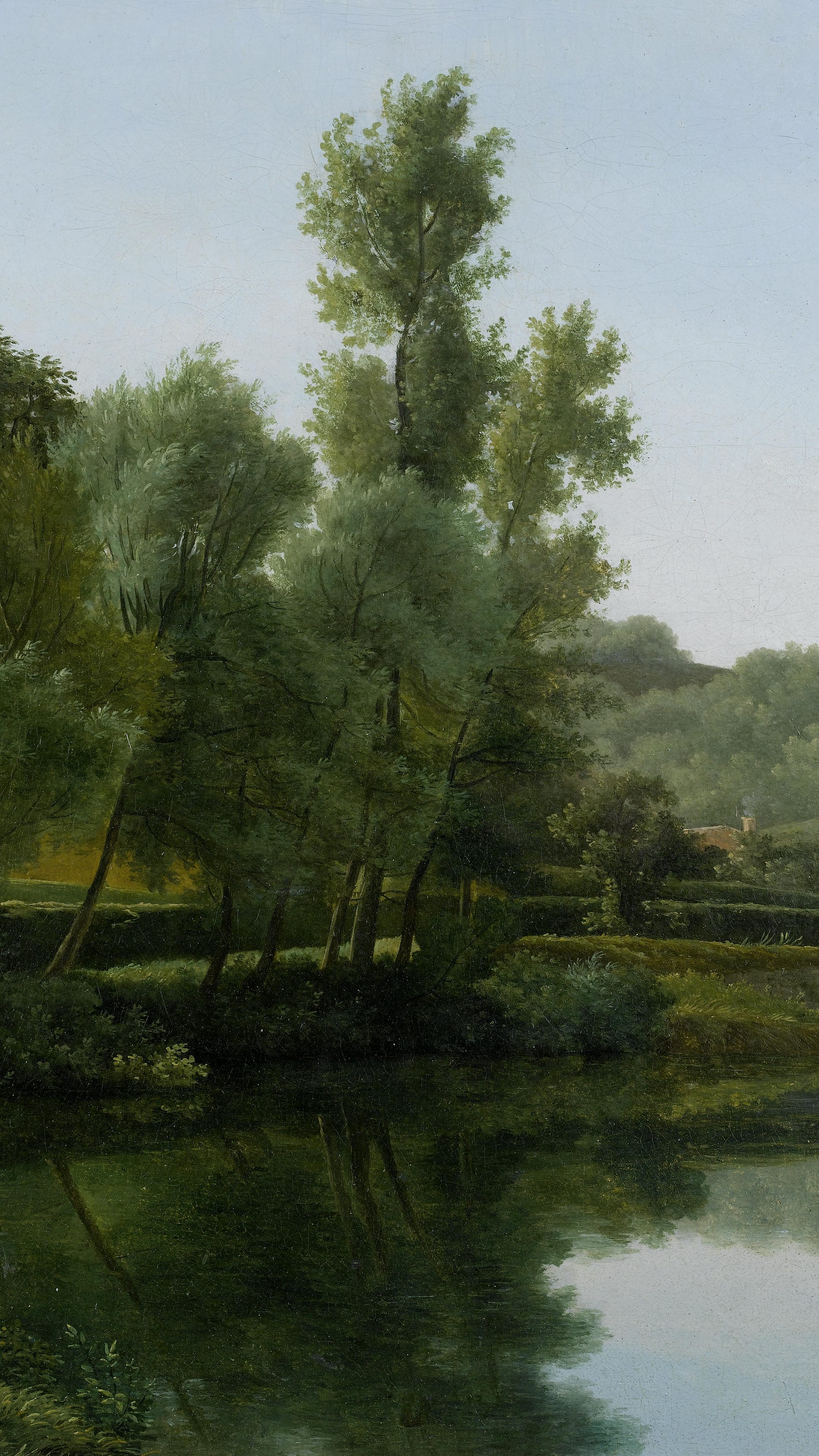 Dark academia vertical iPhone background from a painting: still green river between wooded banks with tall poplars and a low bridge in the distance