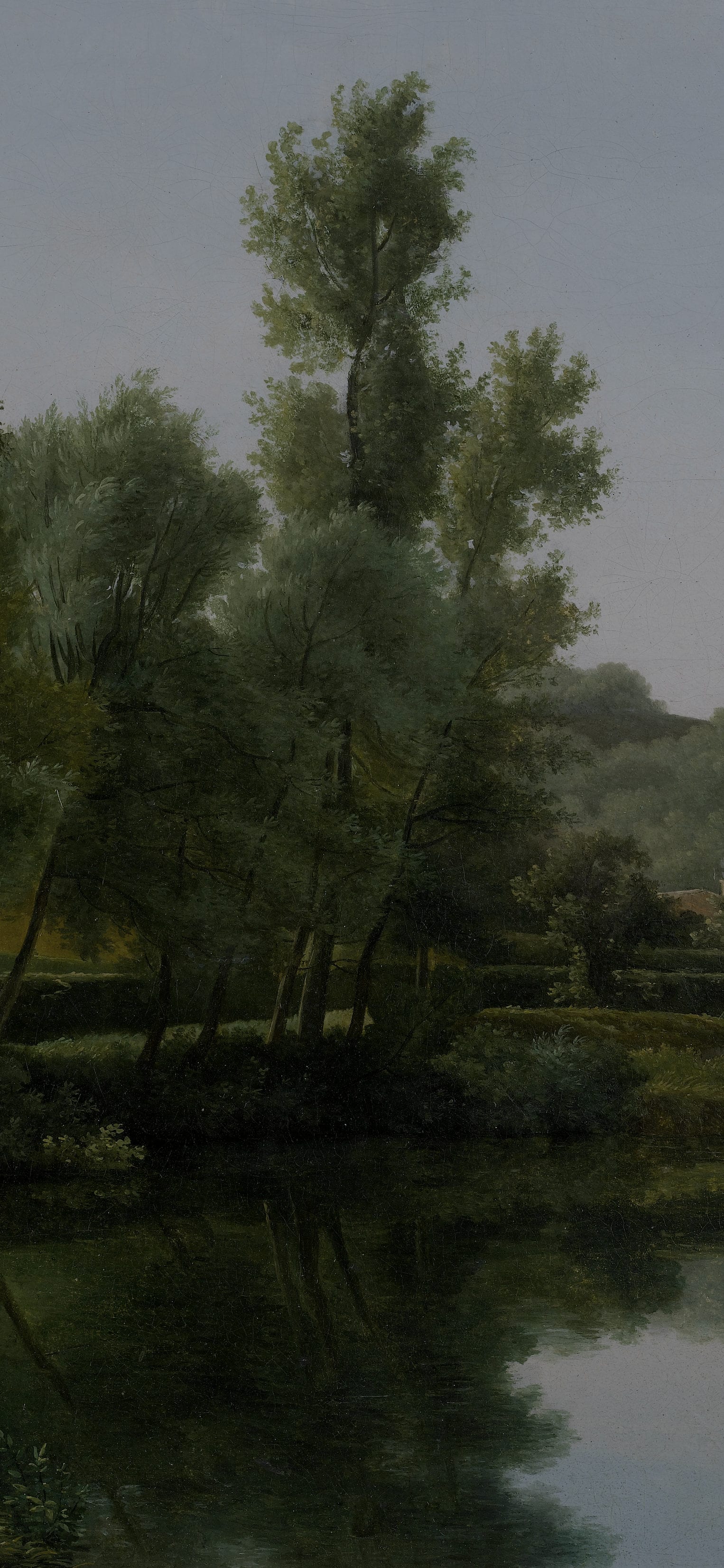 Dark academia vertical iPhone background from a painting: still green river between wooded banks with tall poplars and a low bridge in the distance