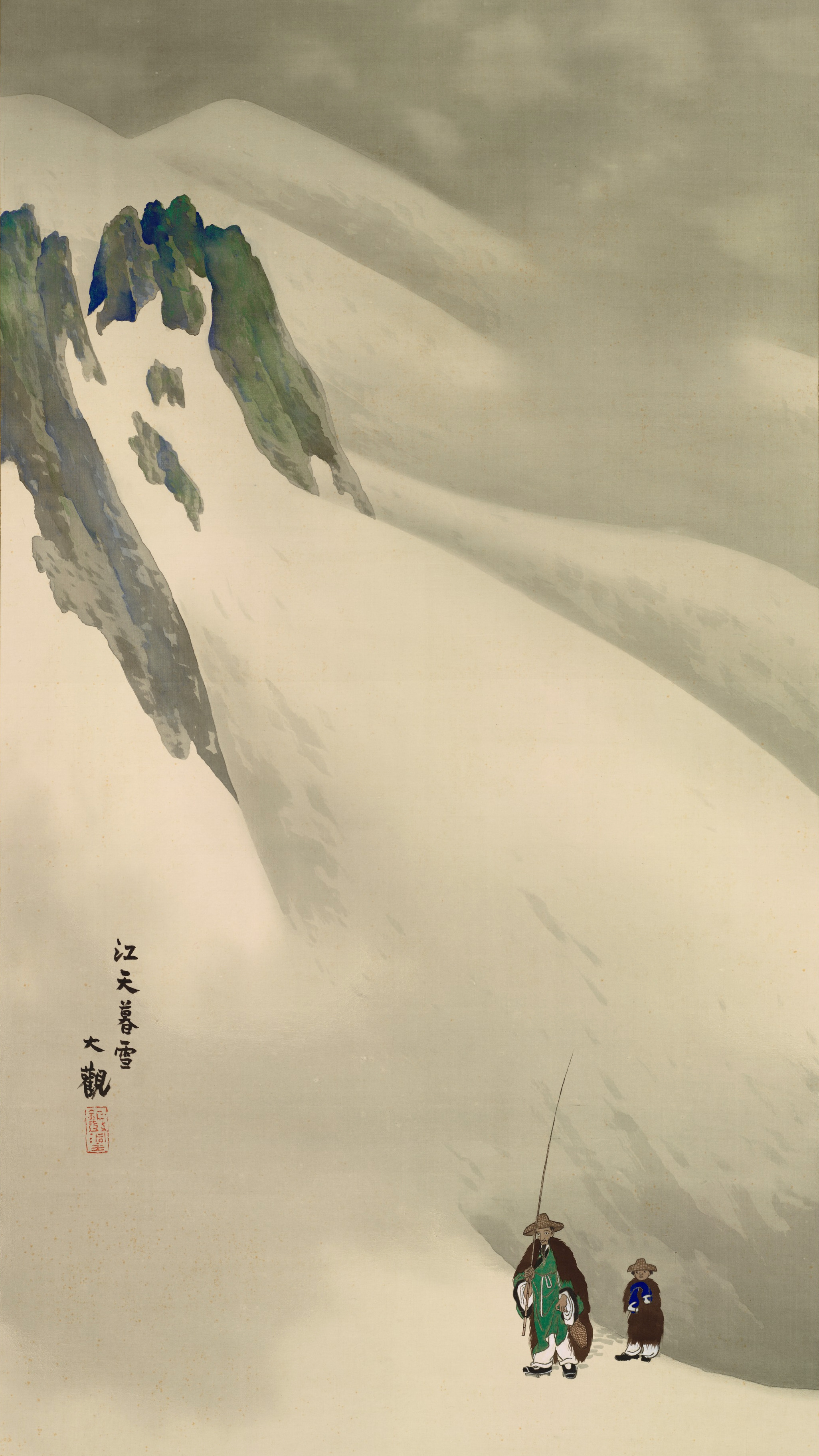 Vertical iPhone background from a Japanese painting: a vast pale snow slope under a low grey sky, blue and green rock breaking through the drifts at the left, two small travellers in straw hats crossing the empty white at the foot