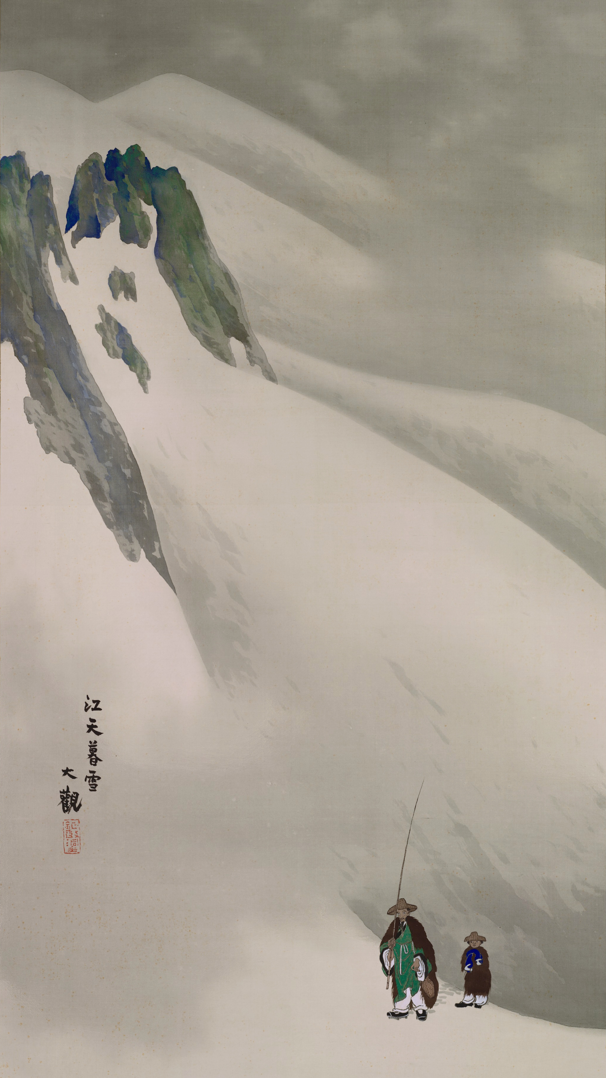 Vertical iPhone background from a Japanese painting: a vast pale snow slope under a low grey sky, blue and green rock breaking through the drifts at the left, two small travellers in straw hats crossing the empty white at the foot