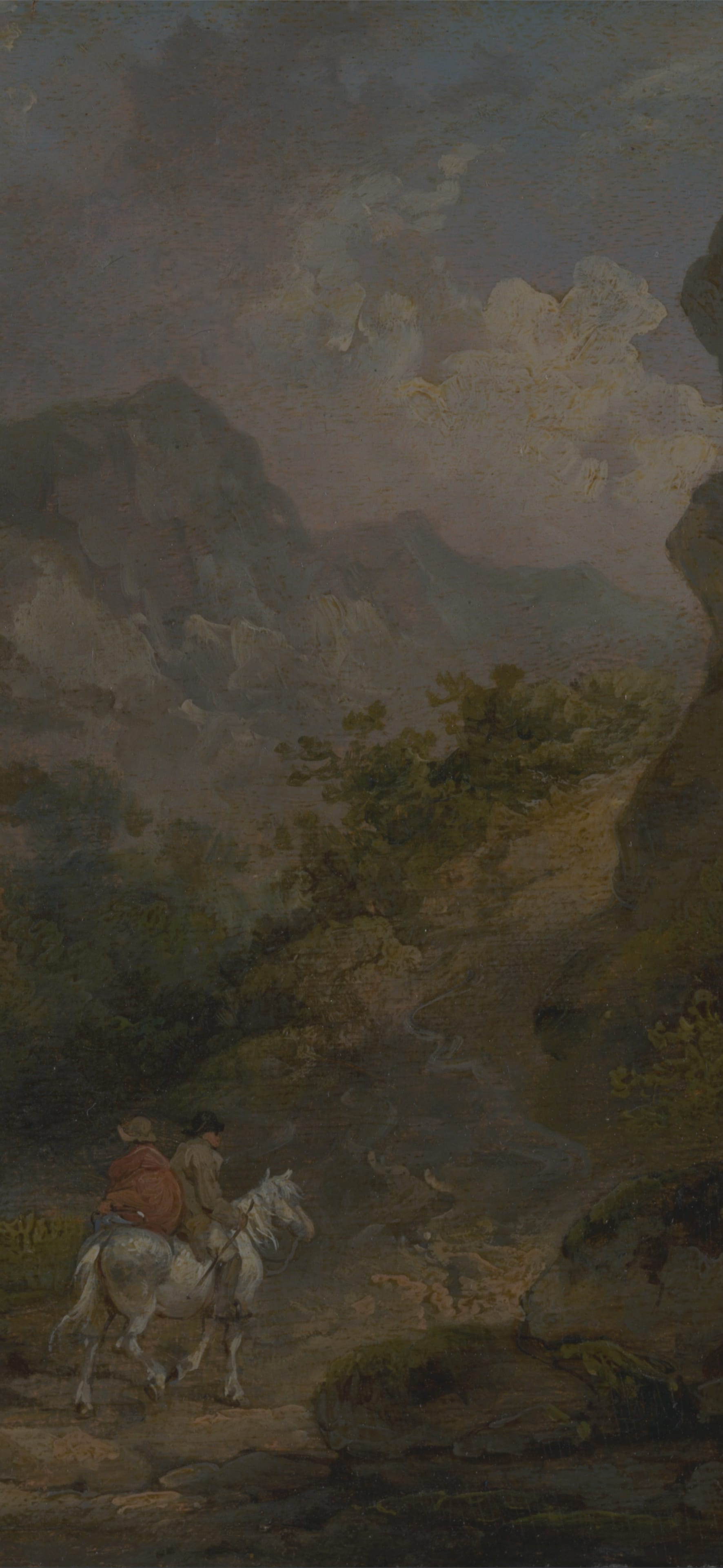 Rocky Landscape with Two Men on a Horse, cropped to 9:19.5, tall phone background