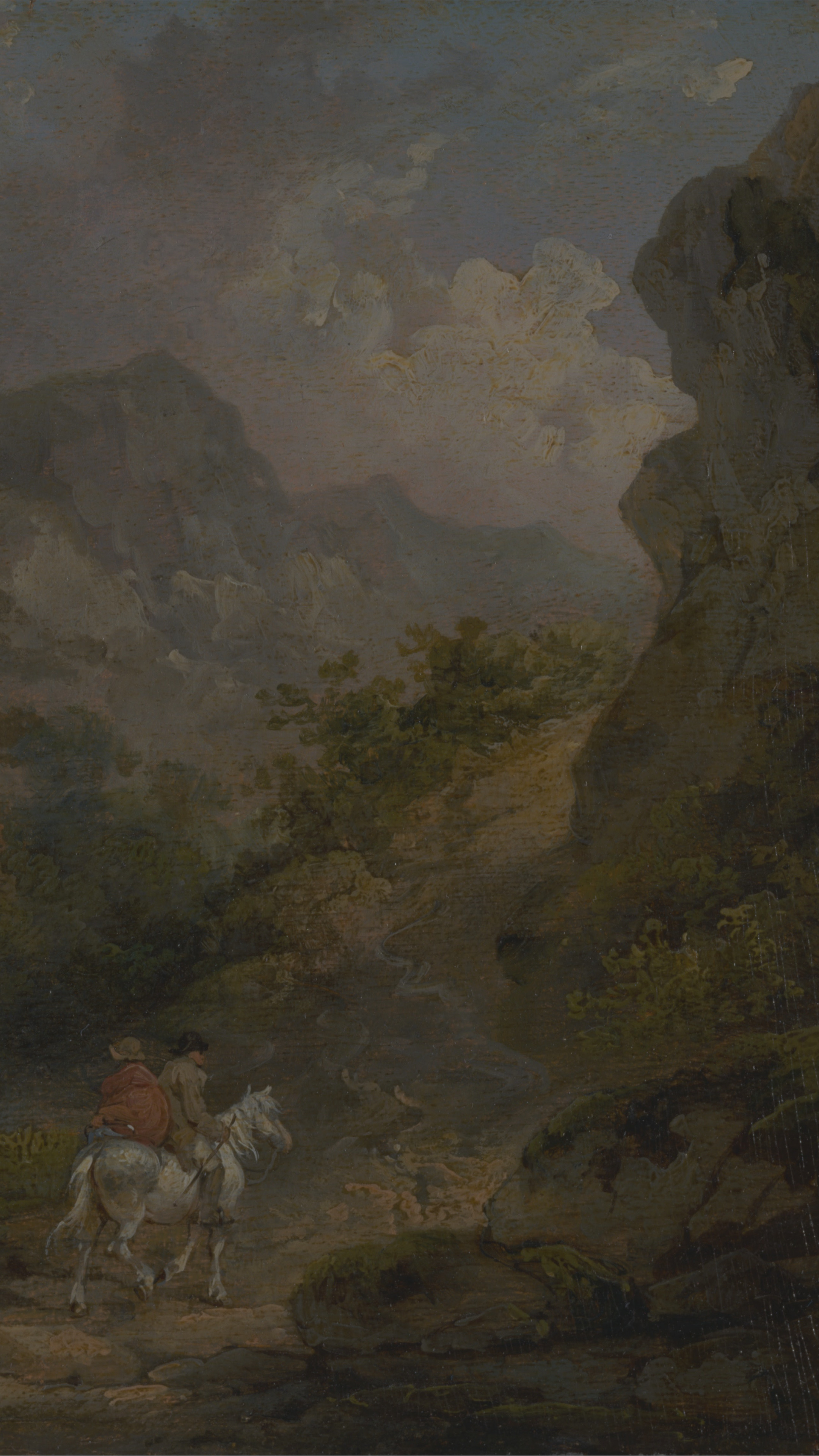 Dark moody vertical iPhone background from a painting: misty rock face over a stream with a white horse and two figures on the track below