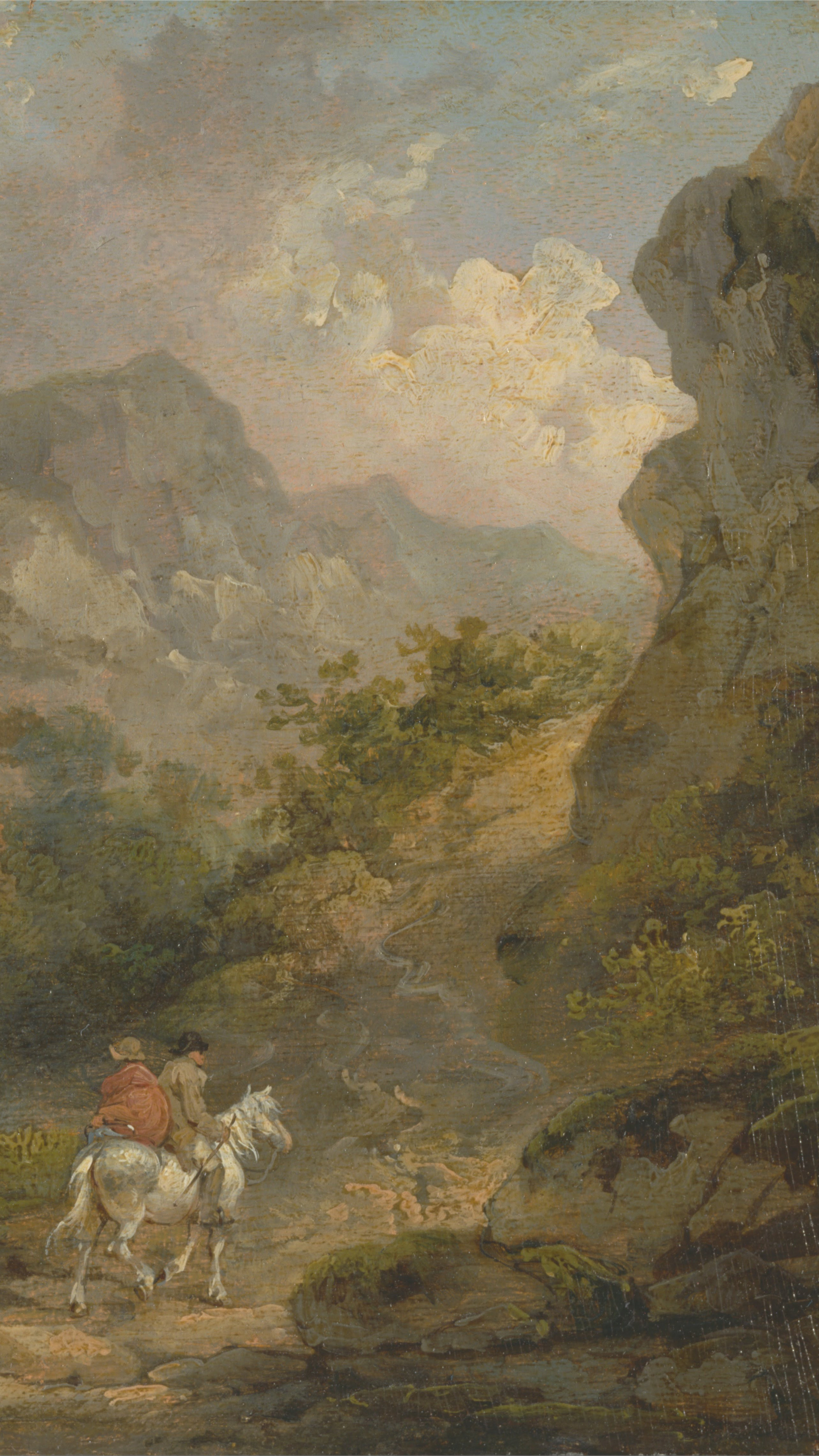 Dark moody vertical iPhone background from a painting: misty rock face over a stream with a white horse and two figures on the track below