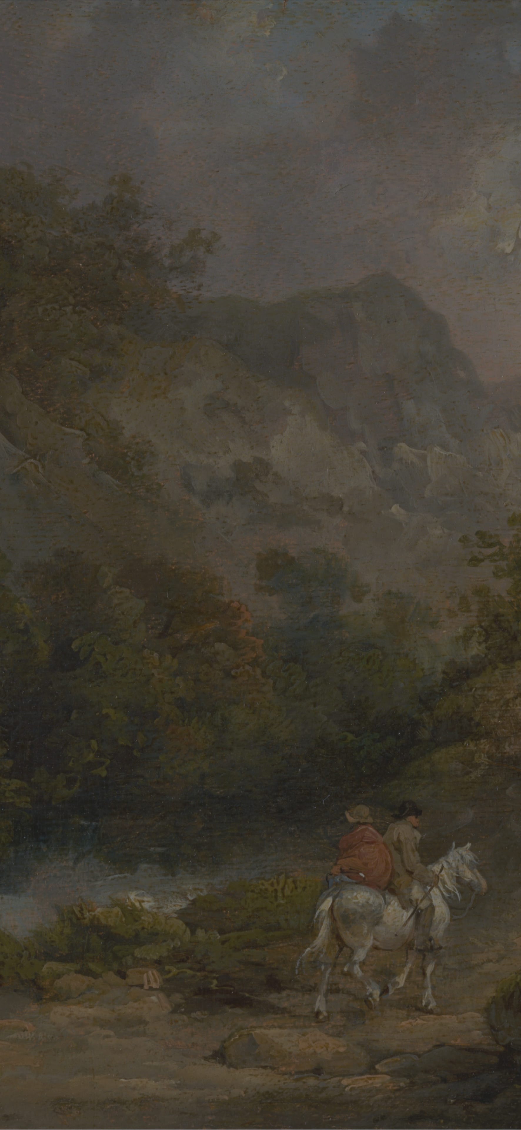 Dark moody vertical iPhone background from a painting: misty rock face over a stream with a white horse and two figures on the track below
