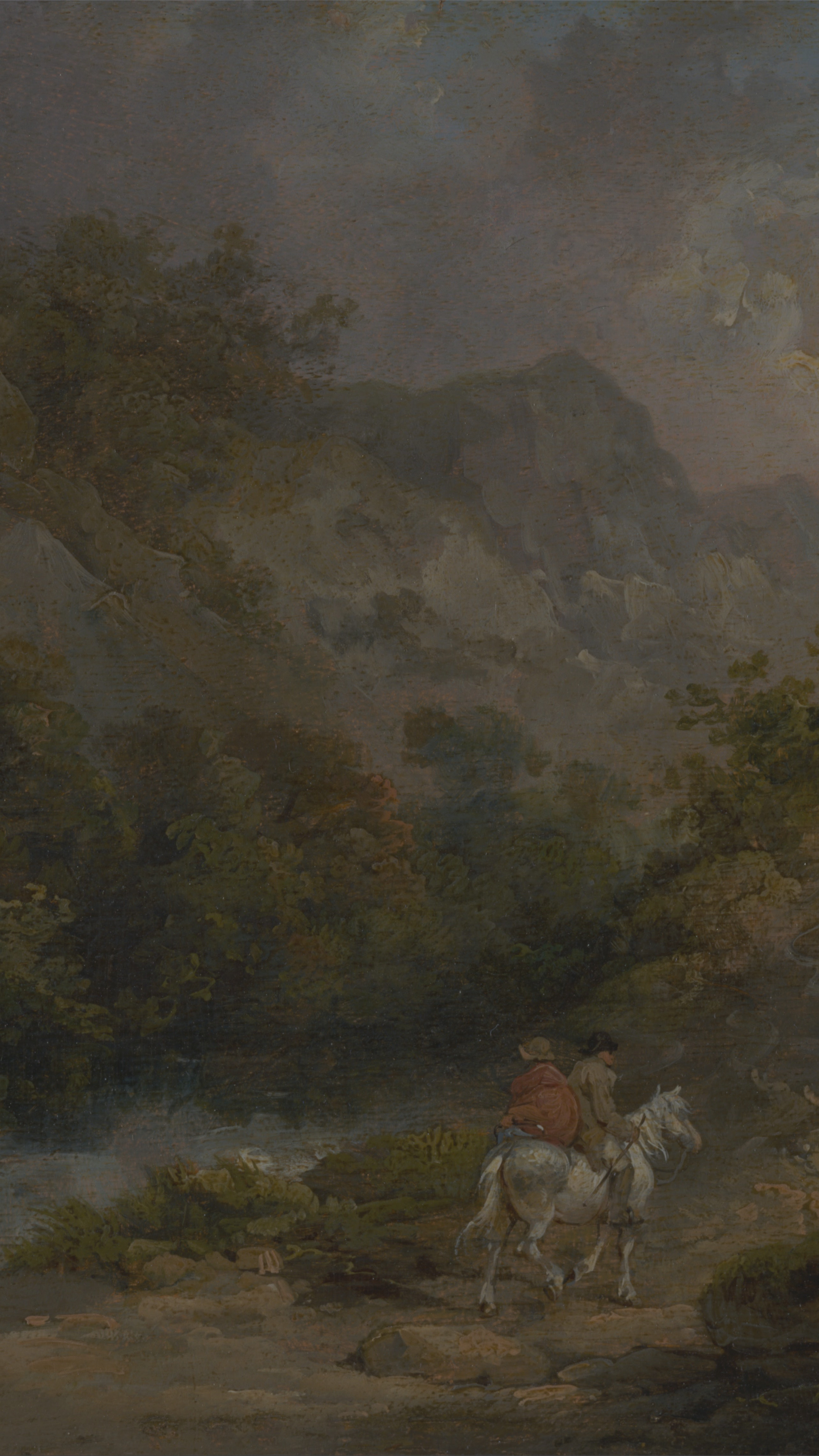 Rocky Landscape with Two Men on a Horse, cropped to 9:16, vertical phone background