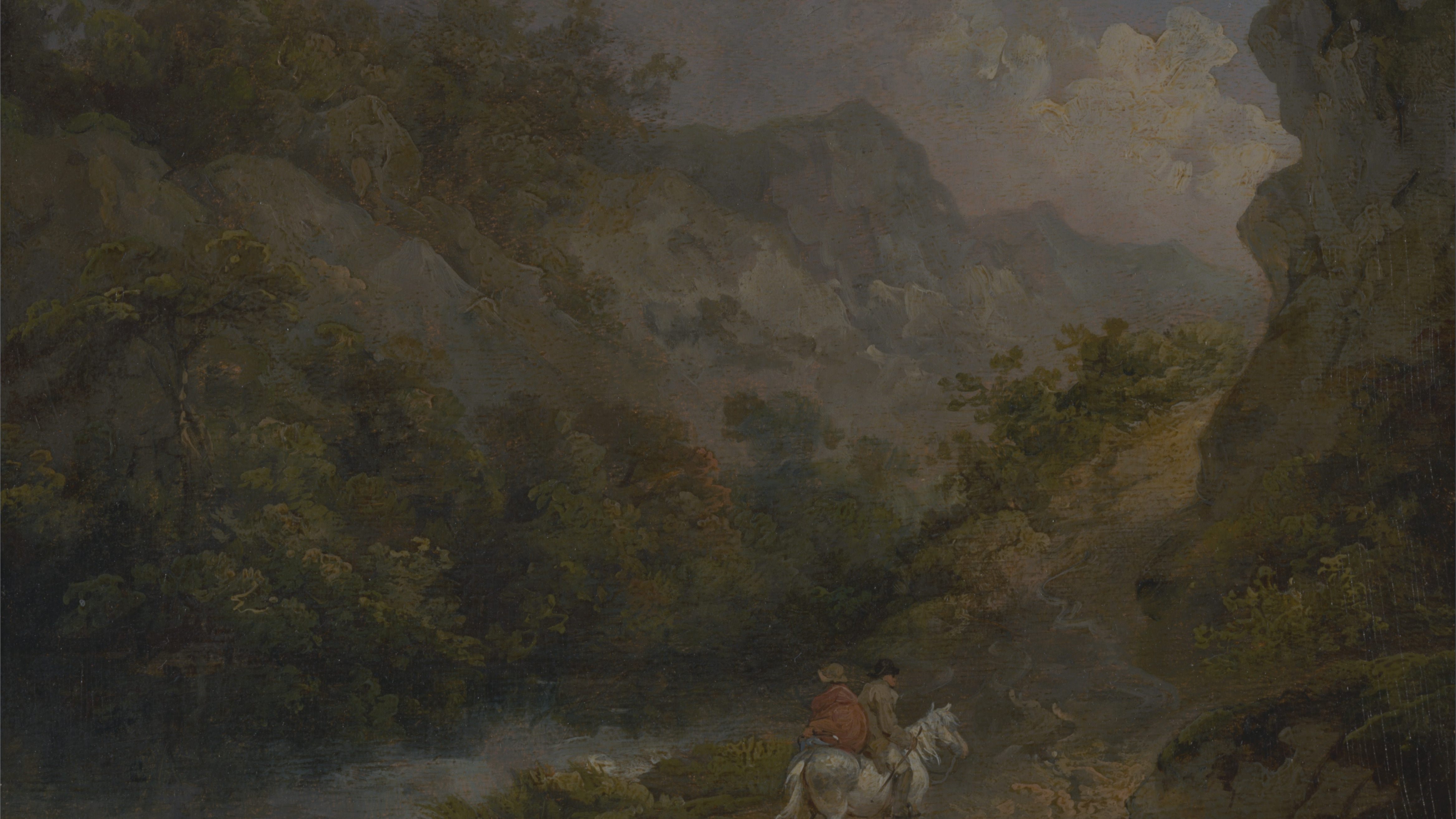 Rocky Landscape with Two Men on a Horse, cropped to 16:9, desktop background