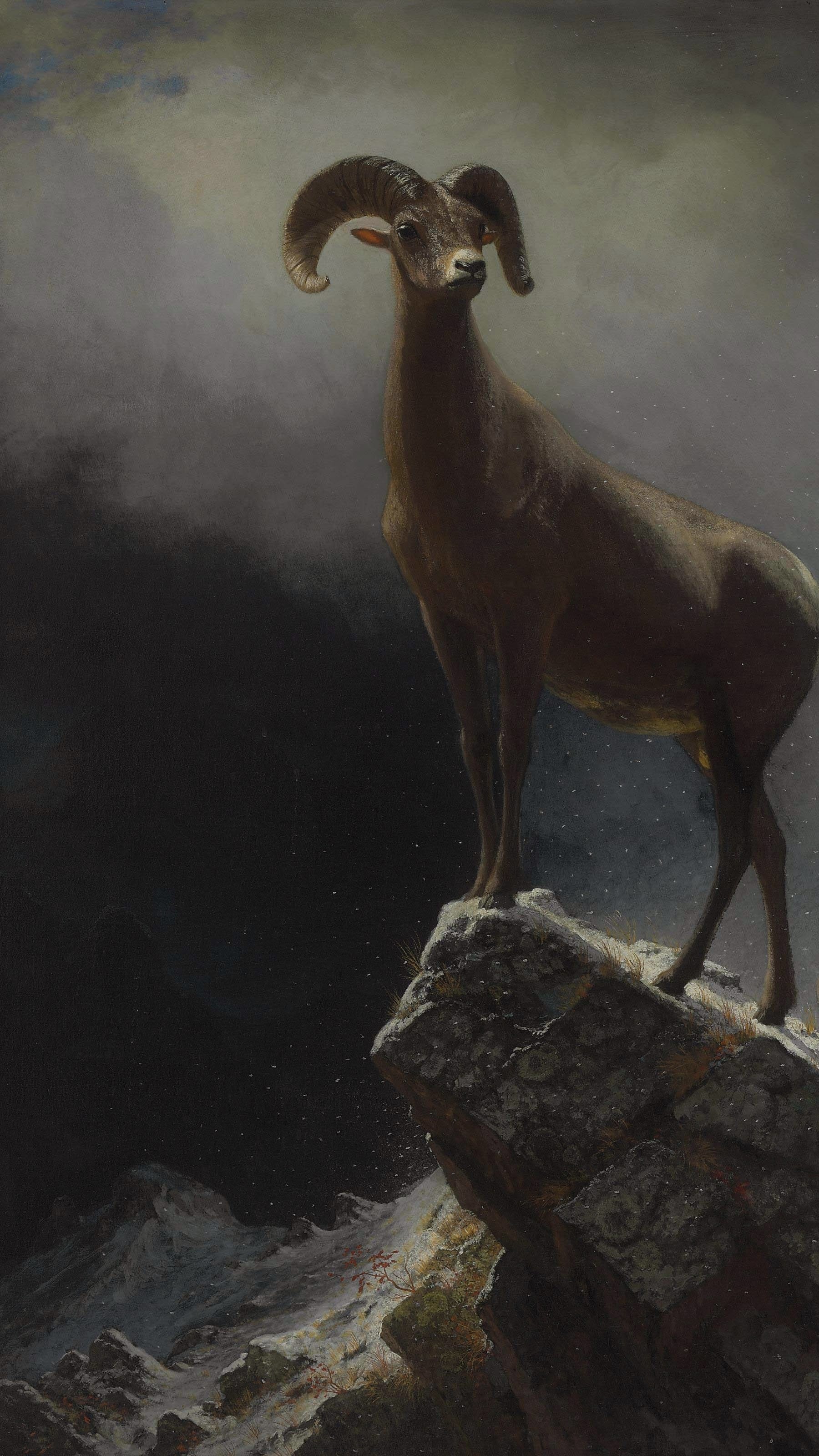 Dark moody vertical iPhone background from a painting: bighorn ram standing on a rock ledge against storm cloud with other sheep below