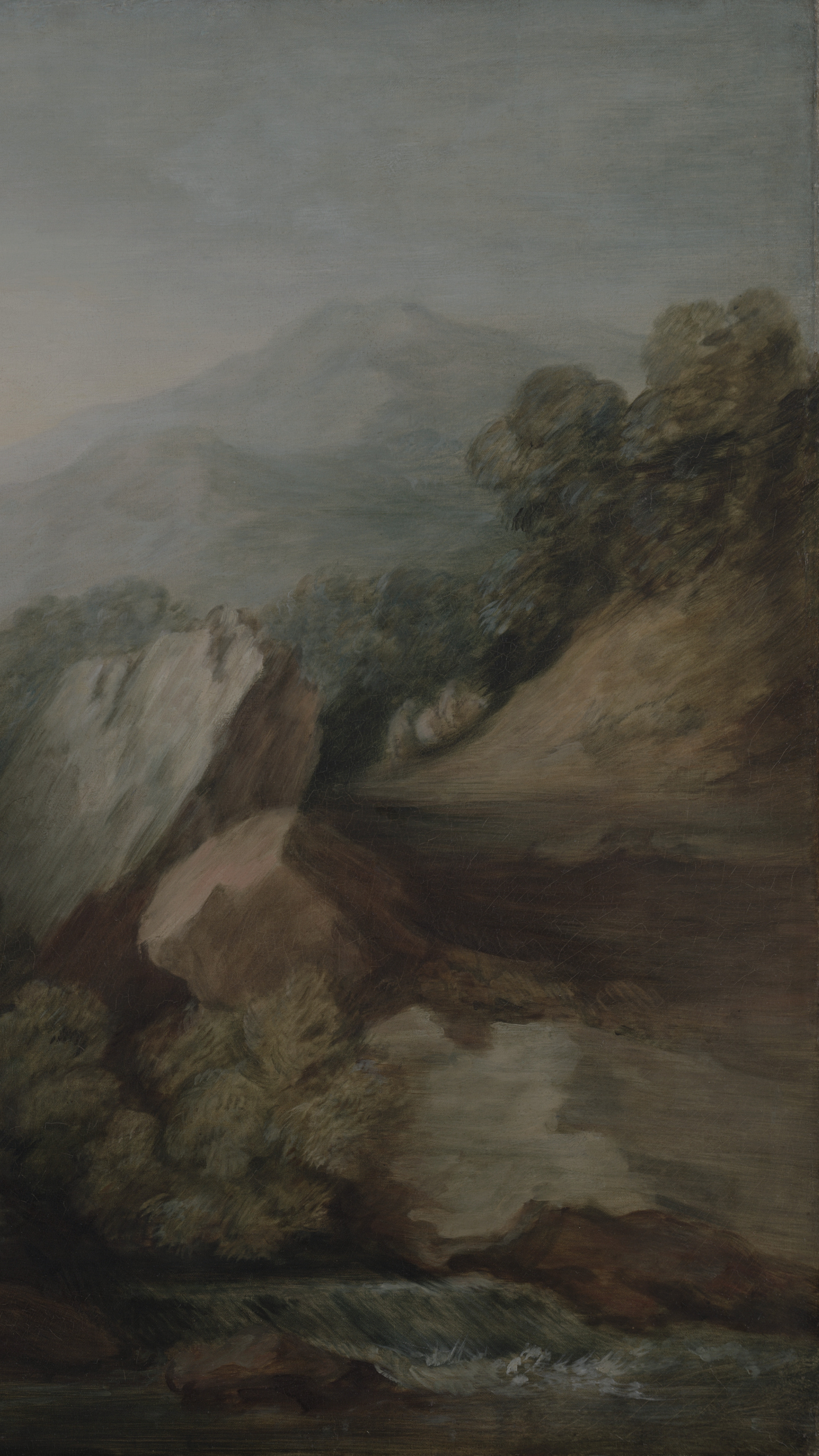 Dark academia vertical iPhone background from a painting: wooded dell falling away to dark water, a pale rock face on the right, sheep on the near slope and a hill town under hazy blue mountains