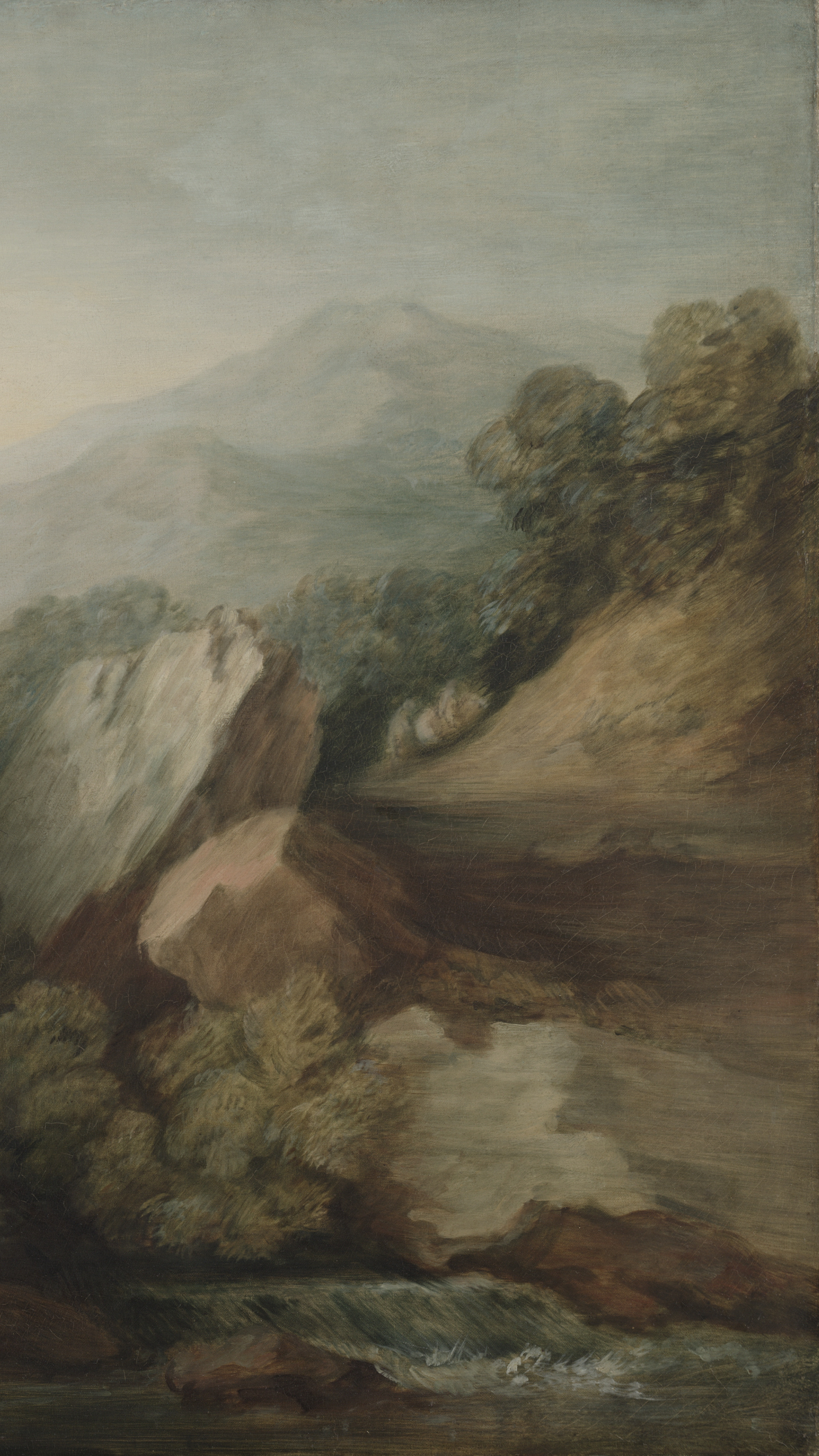 Dark academia vertical iPhone background from a painting: wooded dell falling away to dark water, a pale rock face on the right, sheep on the near slope and a hill town under hazy blue mountains