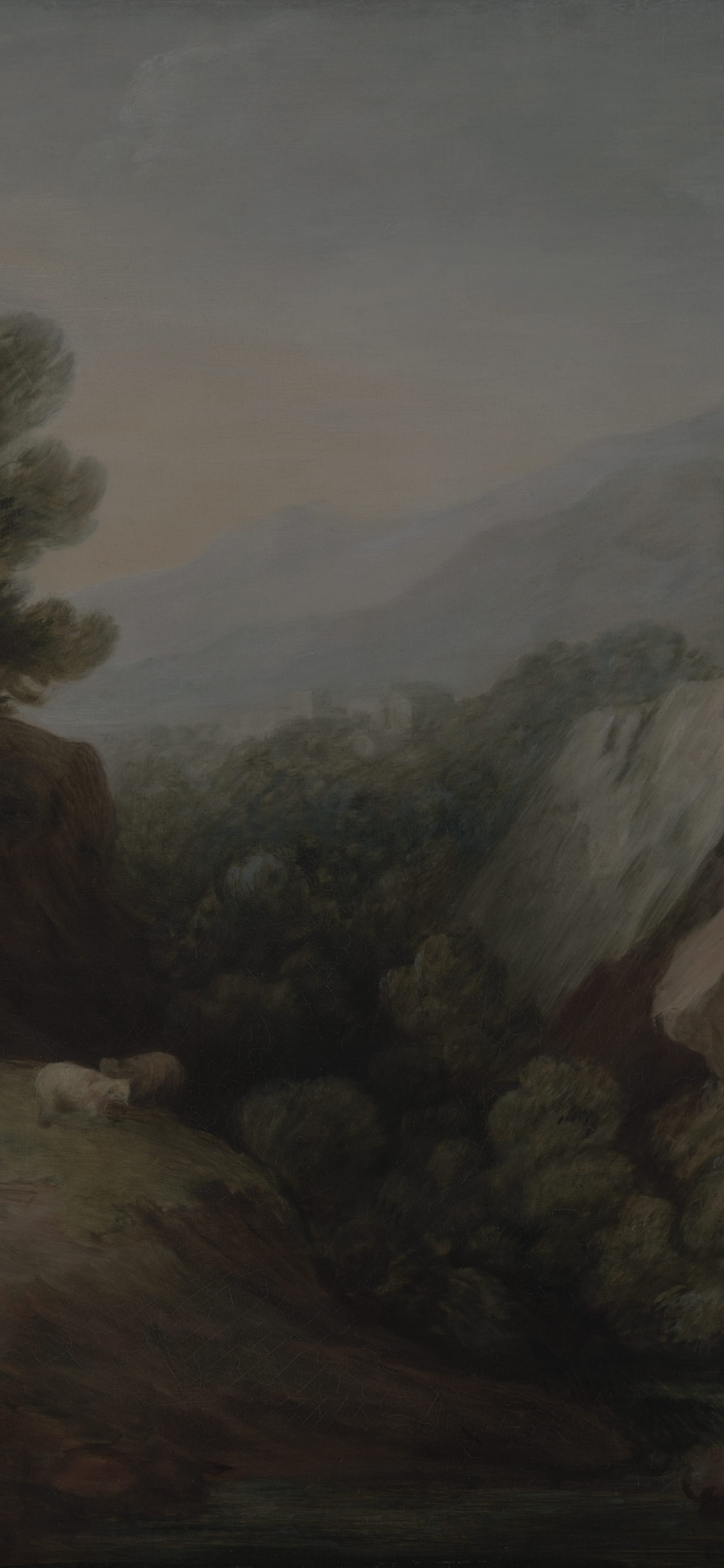 Dark academia vertical iPhone background from a painting: wooded dell falling away to dark water, a pale rock face on the right, sheep on the near slope and a hill town under hazy blue mountains