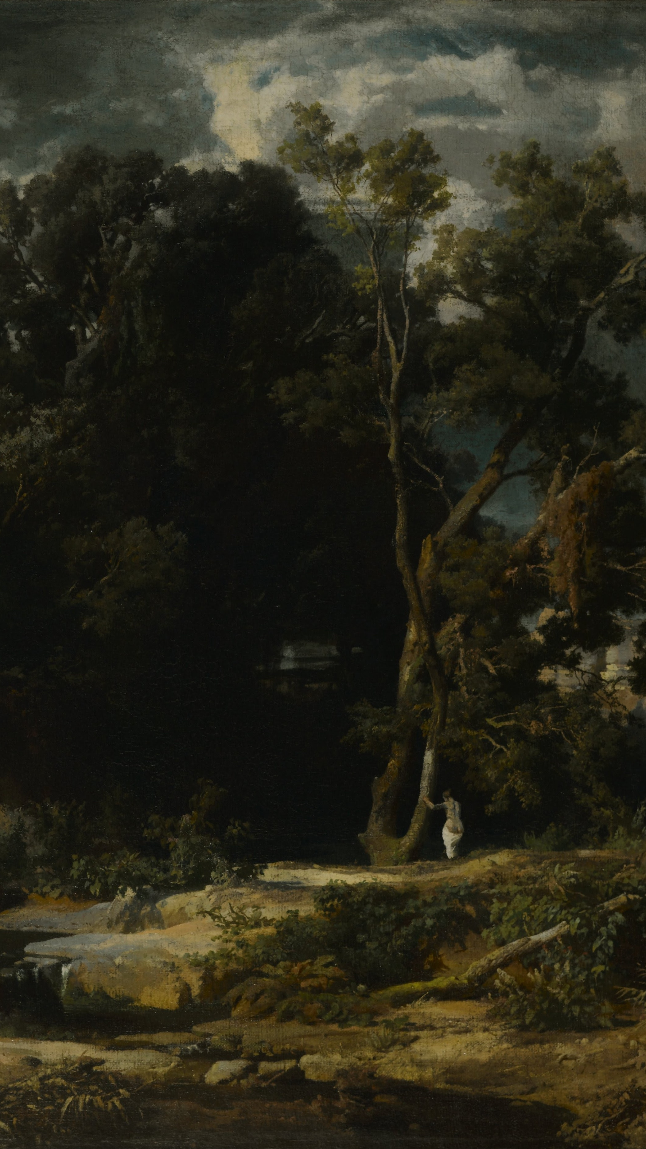 Dark academia vertical iPhone background from a painting: heavy dark trees over a stony track with storm cloud building behind and small figures below