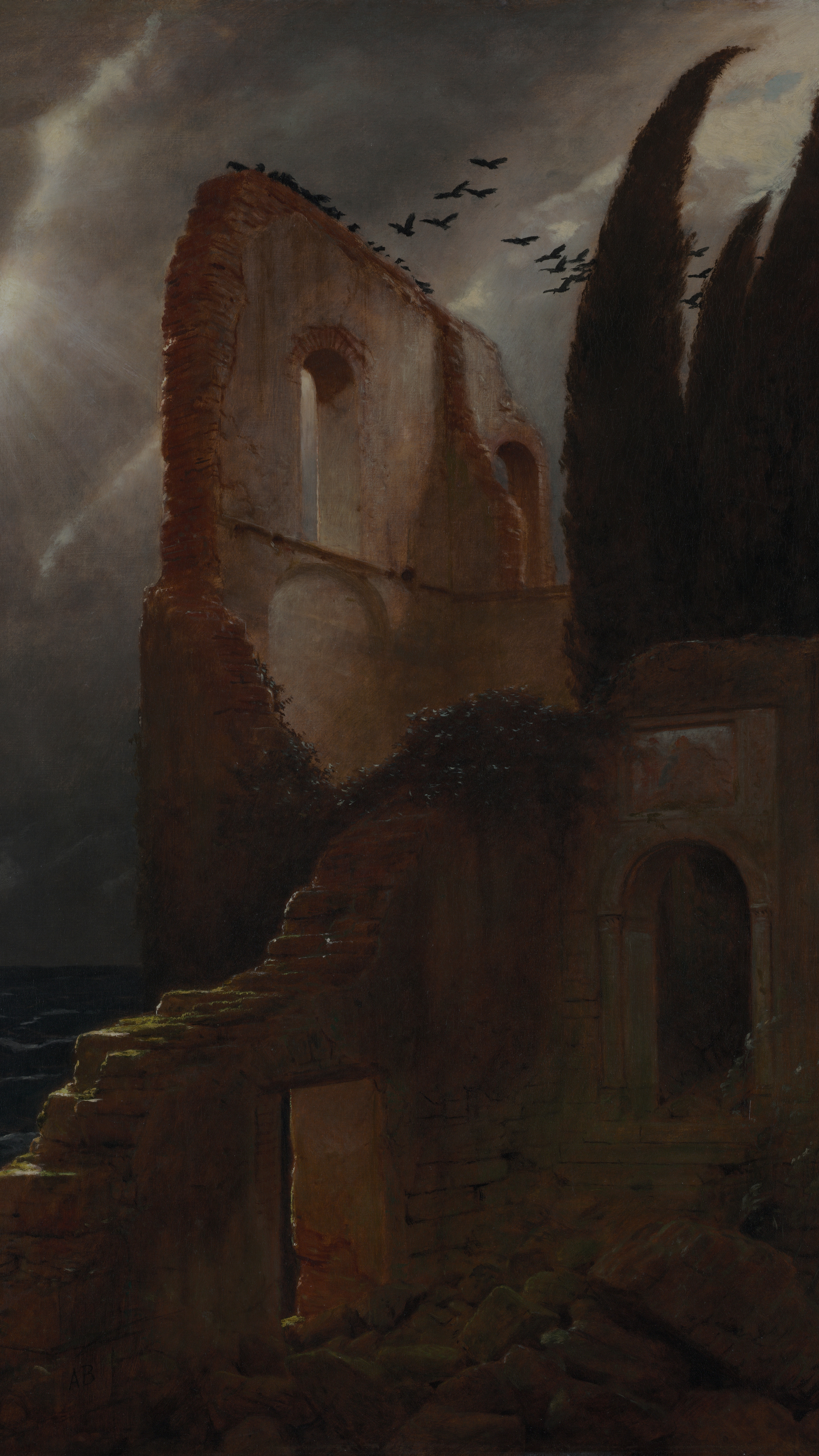 Dark academia vertical iPhone background from a painting: crumbling red-brick arched ruin beside a dark stormy sea, tall cypress trees, flock of black birds rising into a storm-lit brooding sky