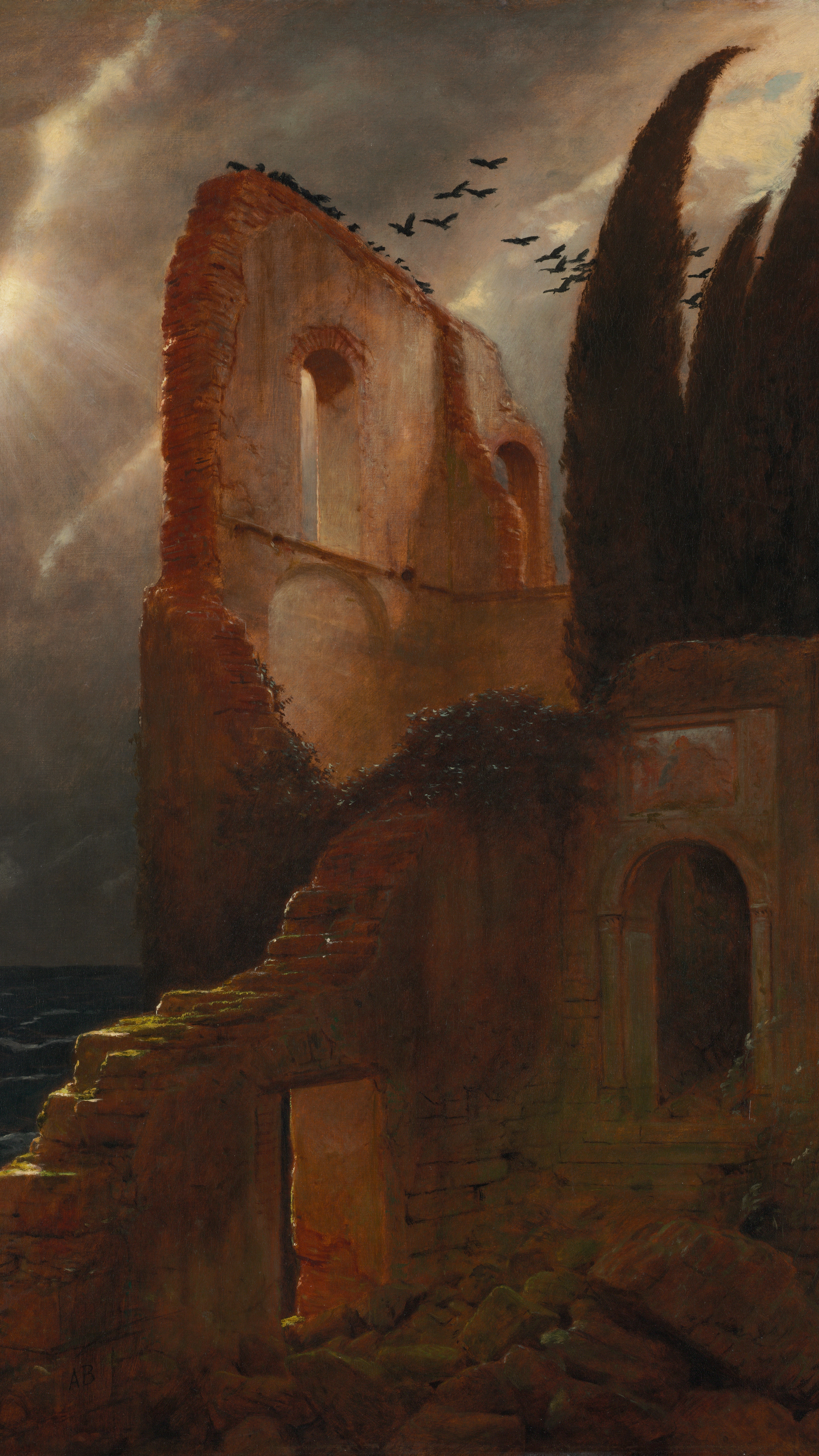 Dark academia vertical iPhone background from a painting: crumbling red-brick arched ruin beside a dark stormy sea, tall cypress trees, flock of black birds rising into a storm-lit brooding sky