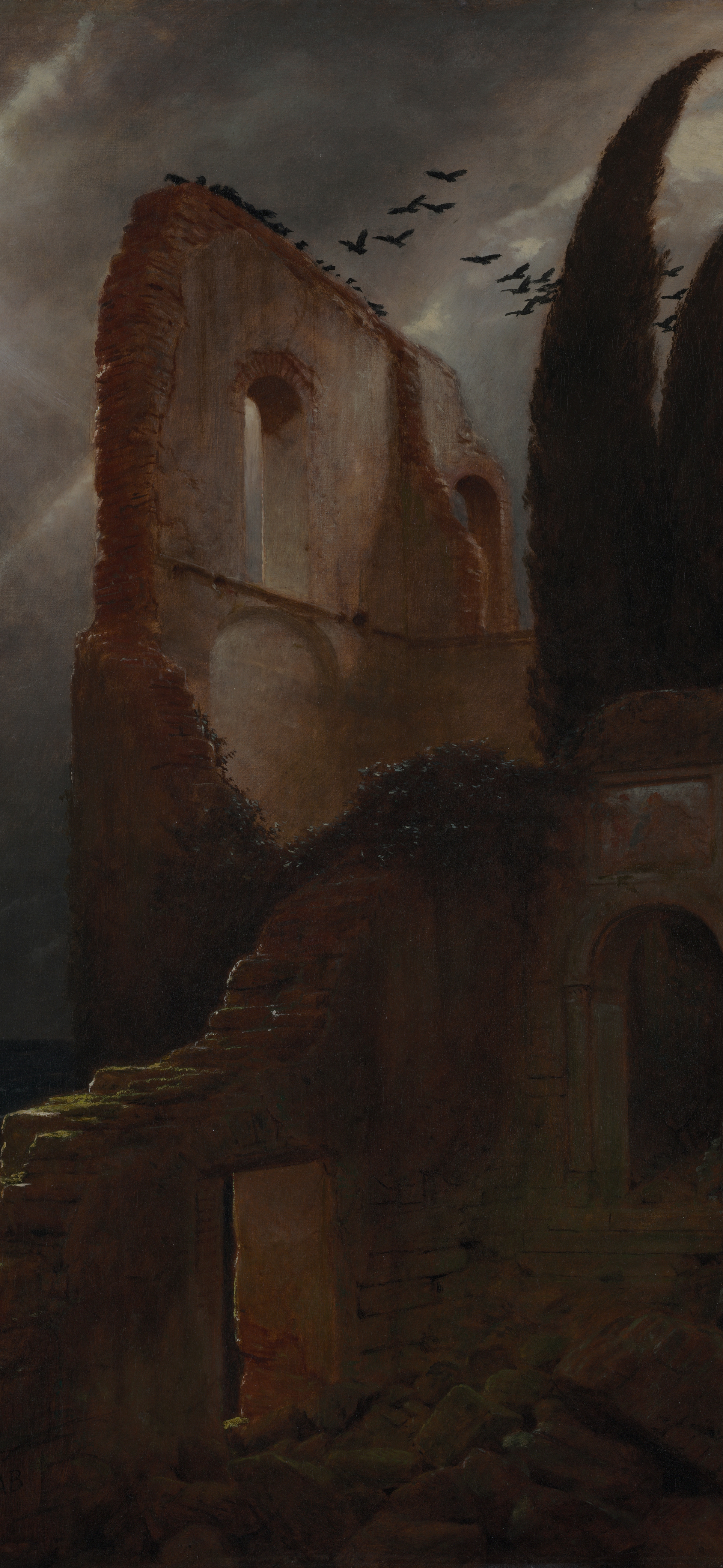 Dark academia vertical iPhone background from a painting: crumbling red-brick arched ruin beside a dark stormy sea, tall cypress trees, flock of black birds rising into a storm-lit brooding sky