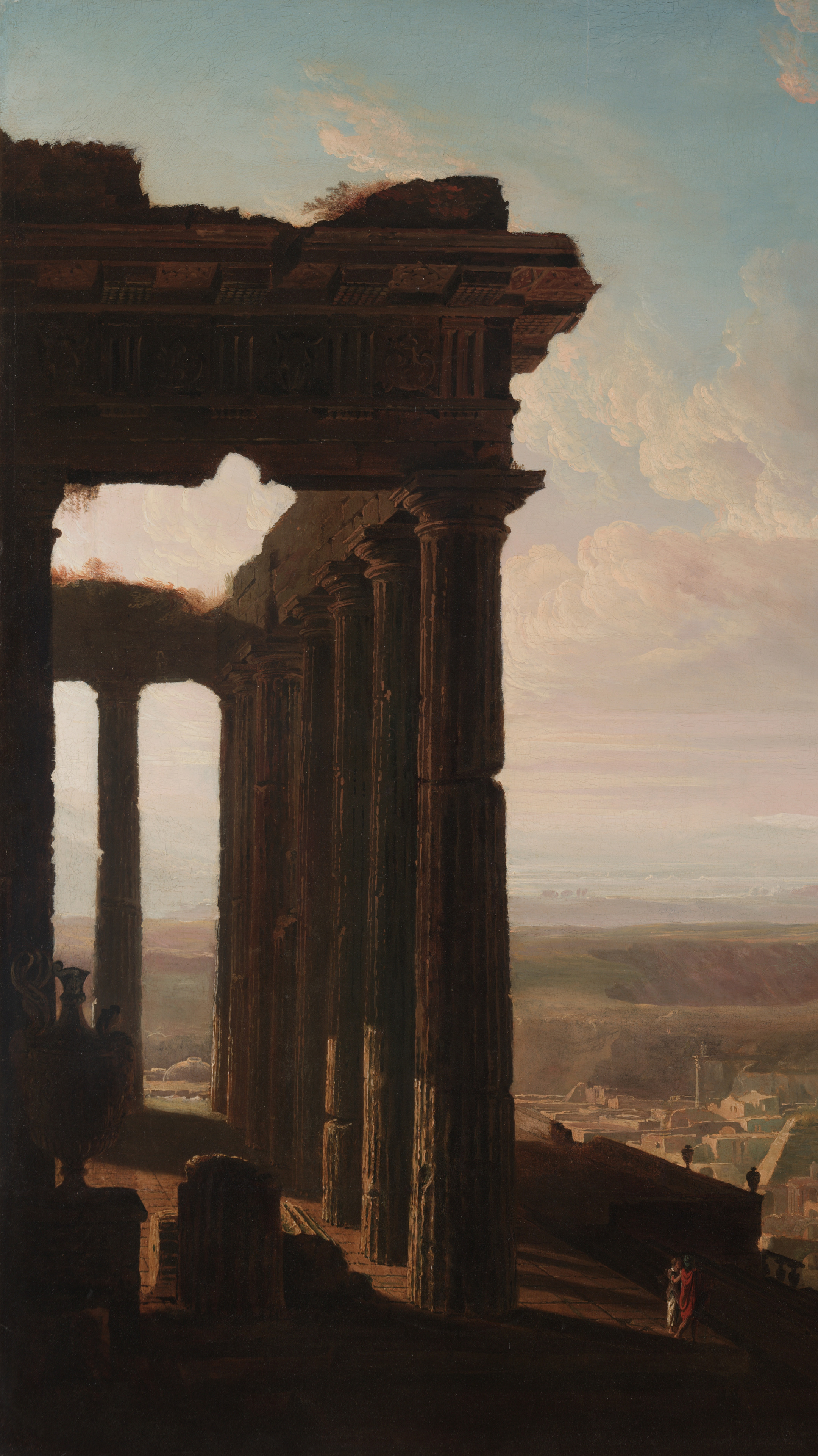 Vertical iPhone background from a painting: towering dark classical columns frame a ruined ancient city below, dramatic pink-cream clouds, tiny figures at the base