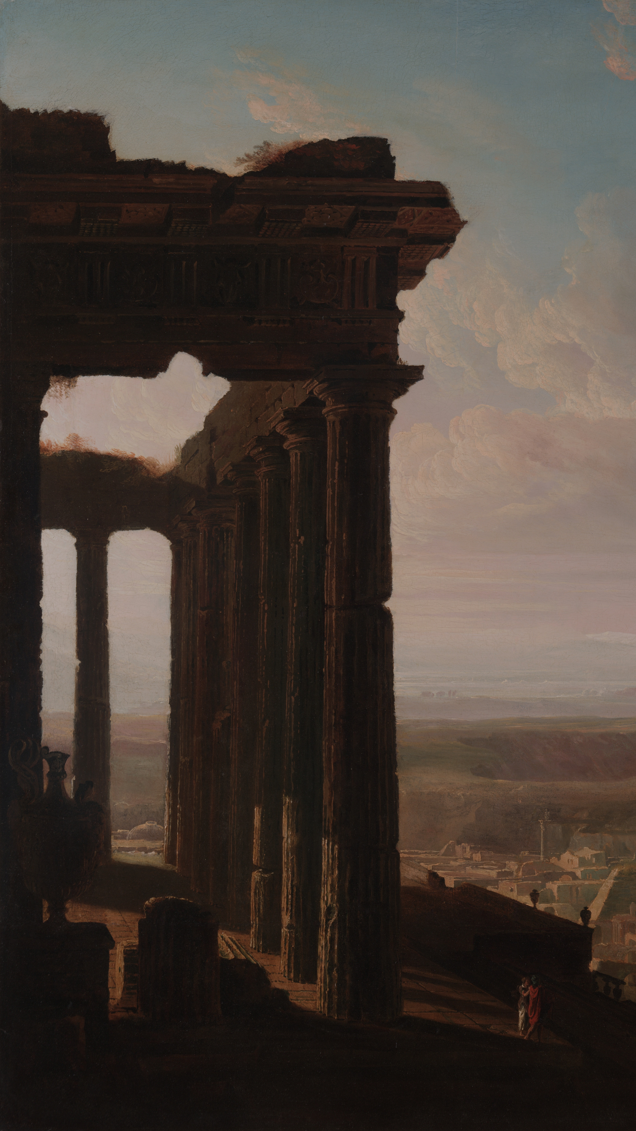 Vertical iPhone background from a painting: towering dark classical columns frame a ruined ancient city below, dramatic pink-cream clouds, tiny figures at the base