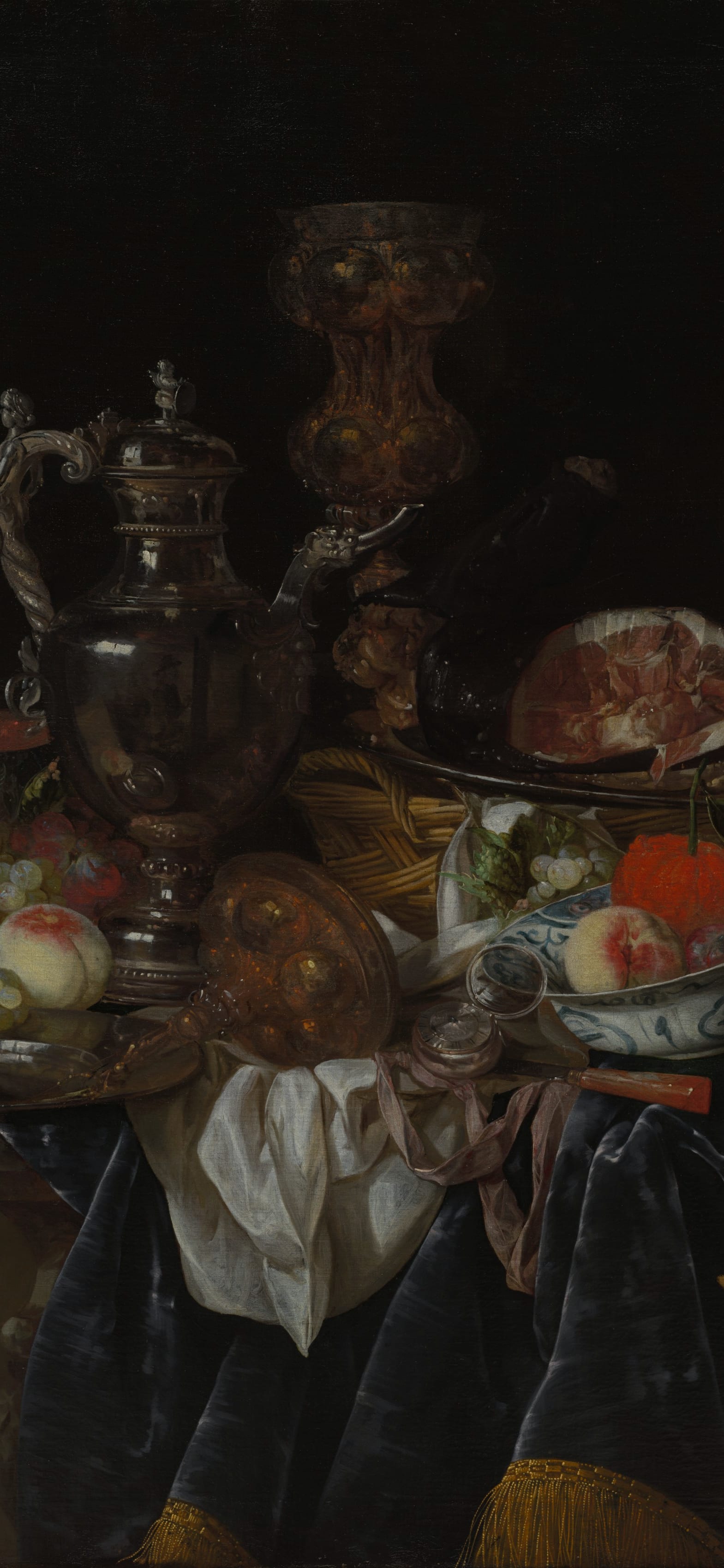 Silver Wine Jug, Ham, and Fruit, cropped to 9:19.5, tall phone background