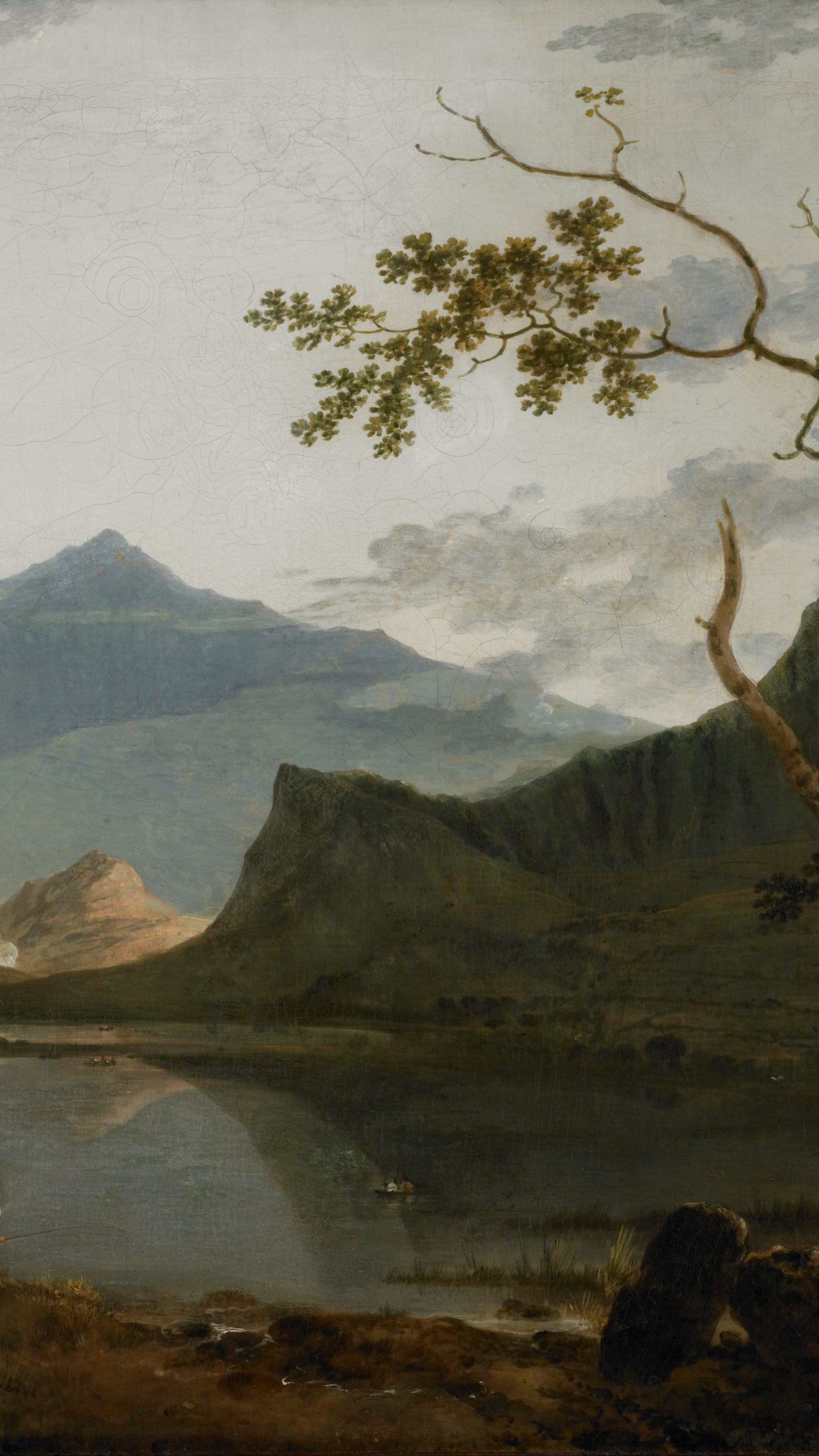 Vertical iPhone background from a painting: a blue peak above a still lake mirroring the sky, anglers on the near shore, a pale grey sky and an oak branch reaching in from the right