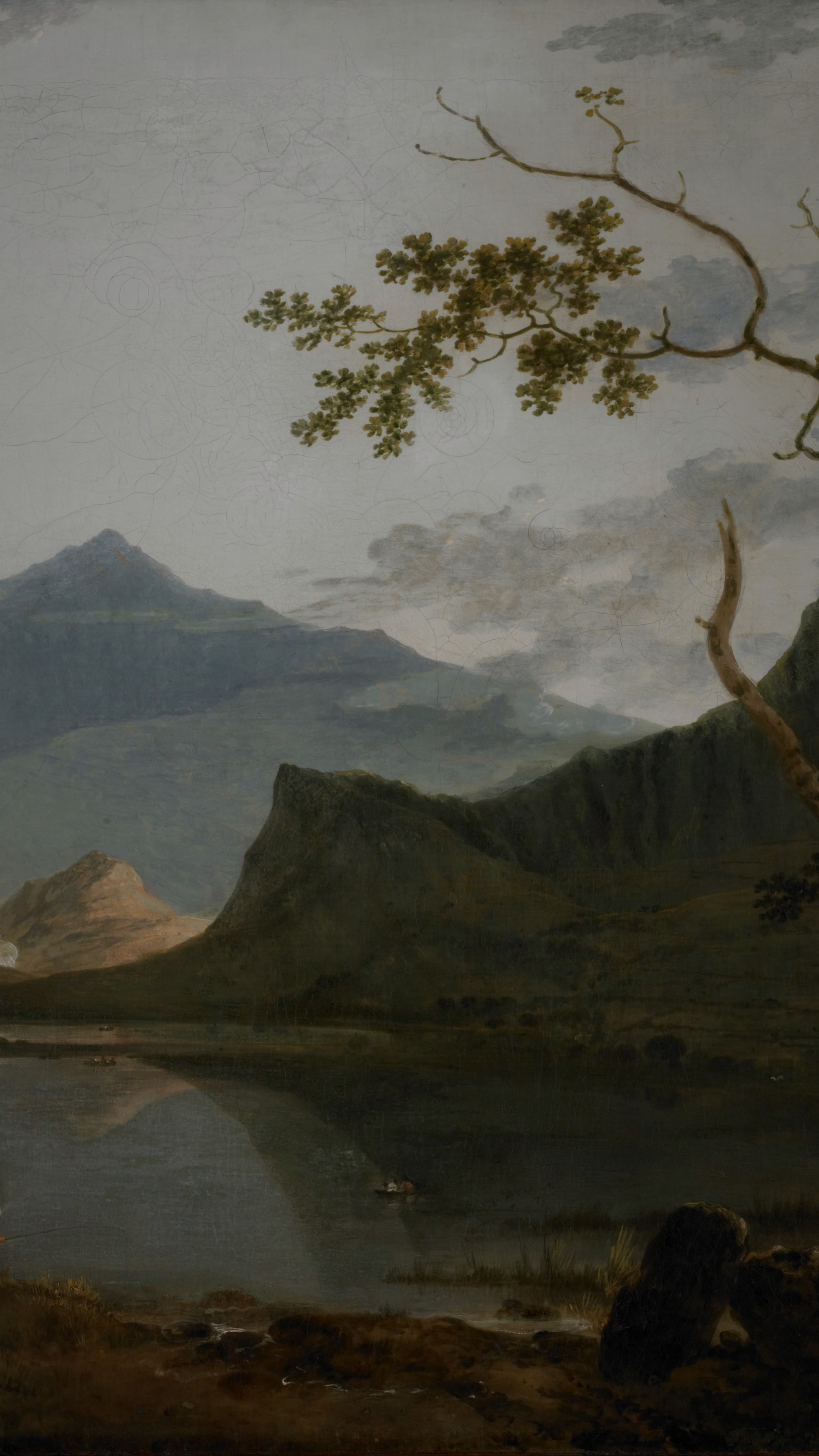 Vertical iPhone background from a painting: a blue peak above a still lake mirroring the sky, anglers on the near shore, a pale grey sky and an oak branch reaching in from the right