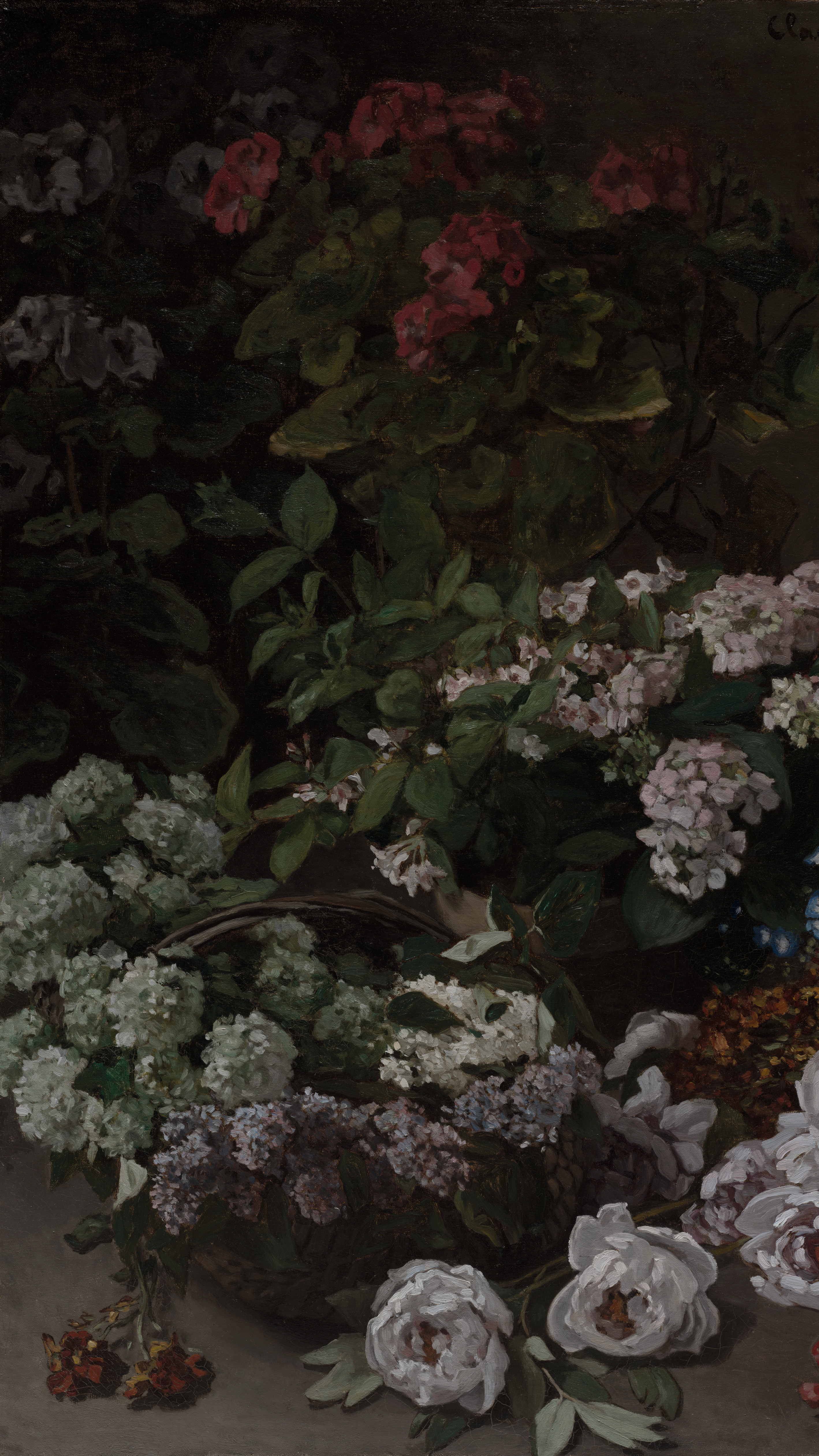 Dark academia vertical iPhone background from a painting: lush bouquet of red geraniums, pink phlox, blue forget-me-nots, and white peonies on a deep brown ground, loose impressionist brushwork