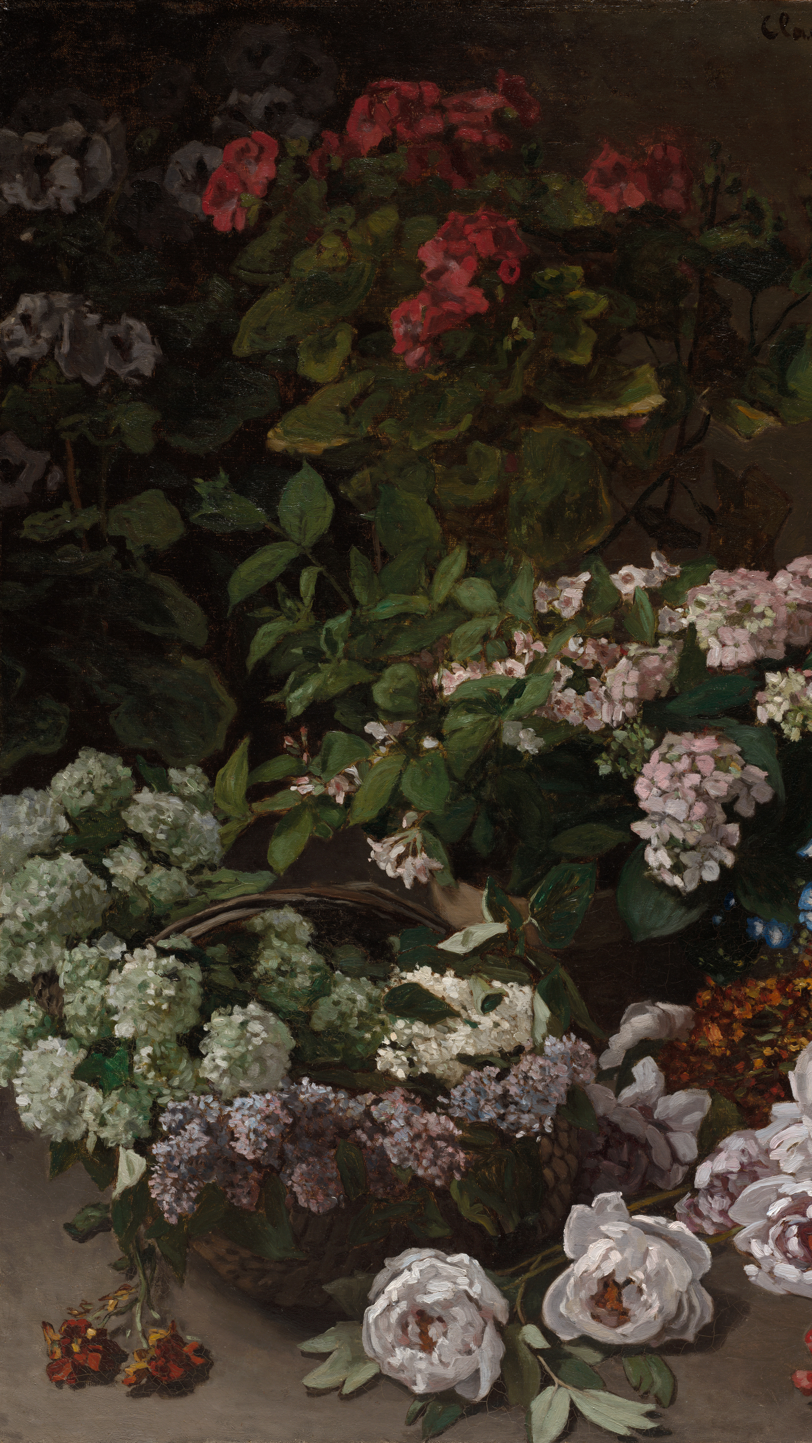 Dark academia vertical iPhone background from a painting: lush bouquet of red geraniums, pink phlox, blue forget-me-nots, and white peonies on a deep brown ground, loose impressionist brushwork