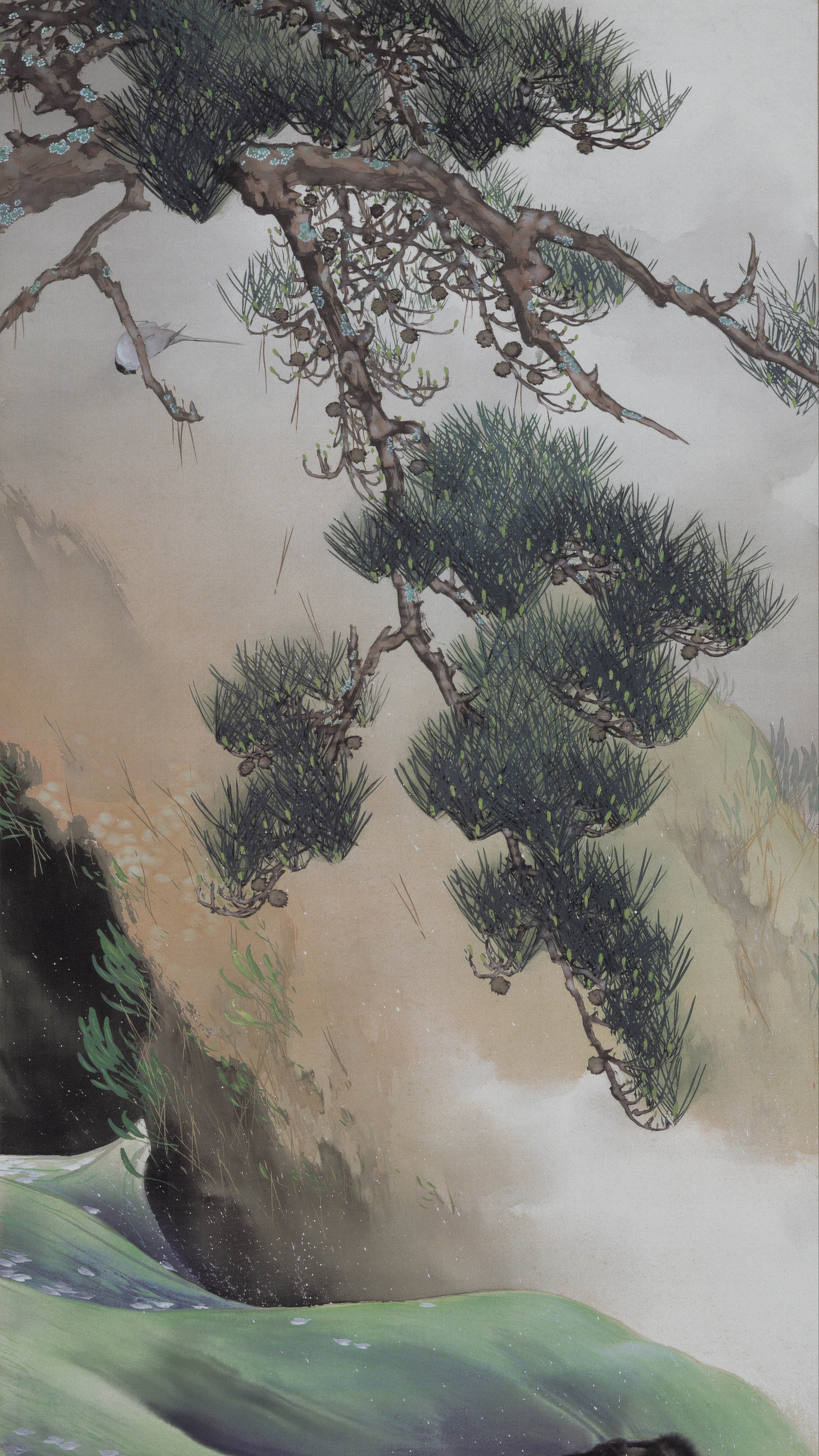 Vertical iPhone background from a Japanese painting: a pine leaning in from the top with dark blue-green needle clusters on knotted brown branches, a small white bird among them, an ochre cliff behind, and a bright green stream folding over a waterfall past wet black rocks