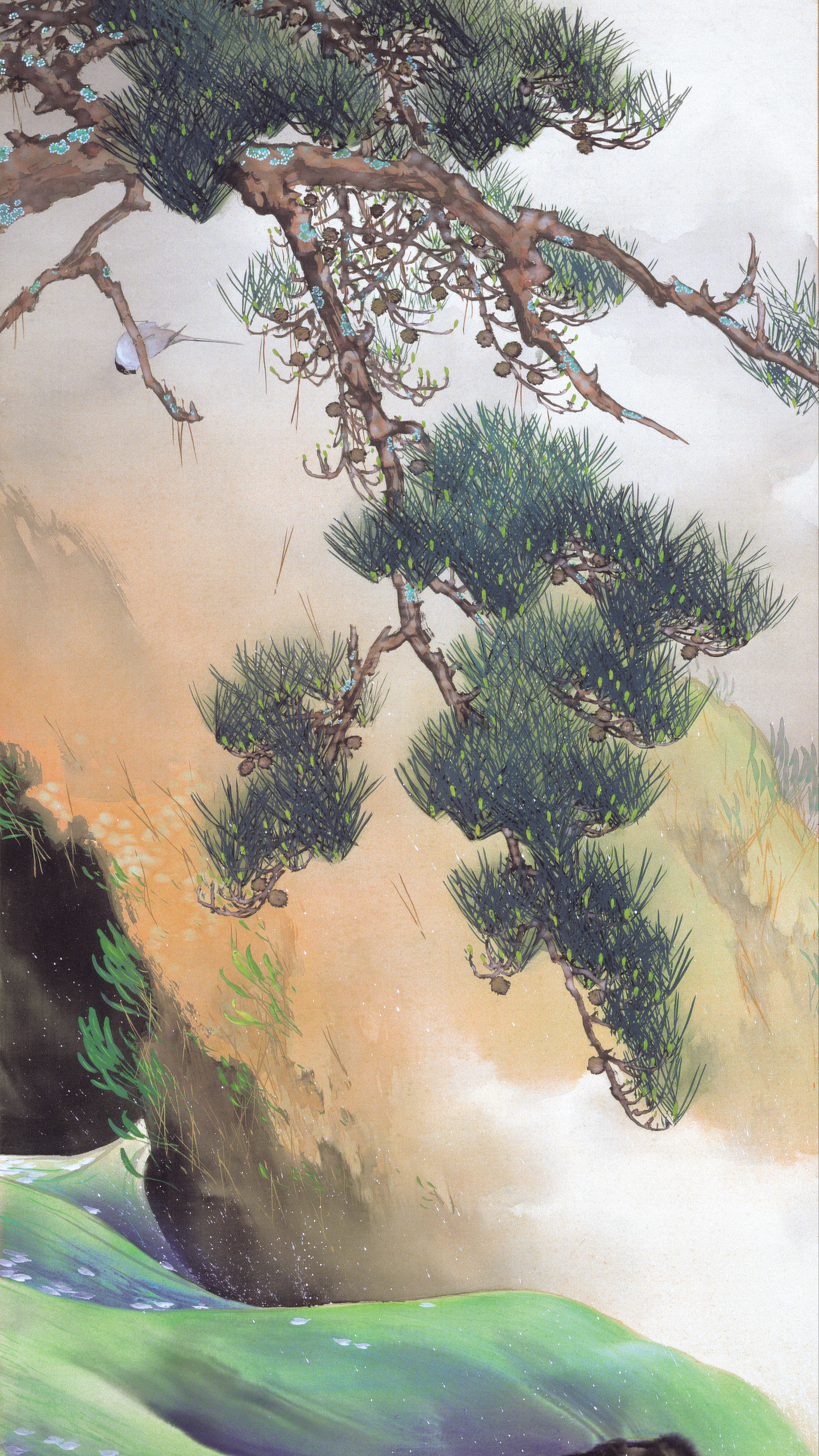 Vertical iPhone background from a Japanese painting: a pine leaning in from the top with dark blue-green needle clusters on knotted brown branches, a small white bird among them, an ochre cliff behind, and a bright green stream folding over a waterfall past wet black rocks
