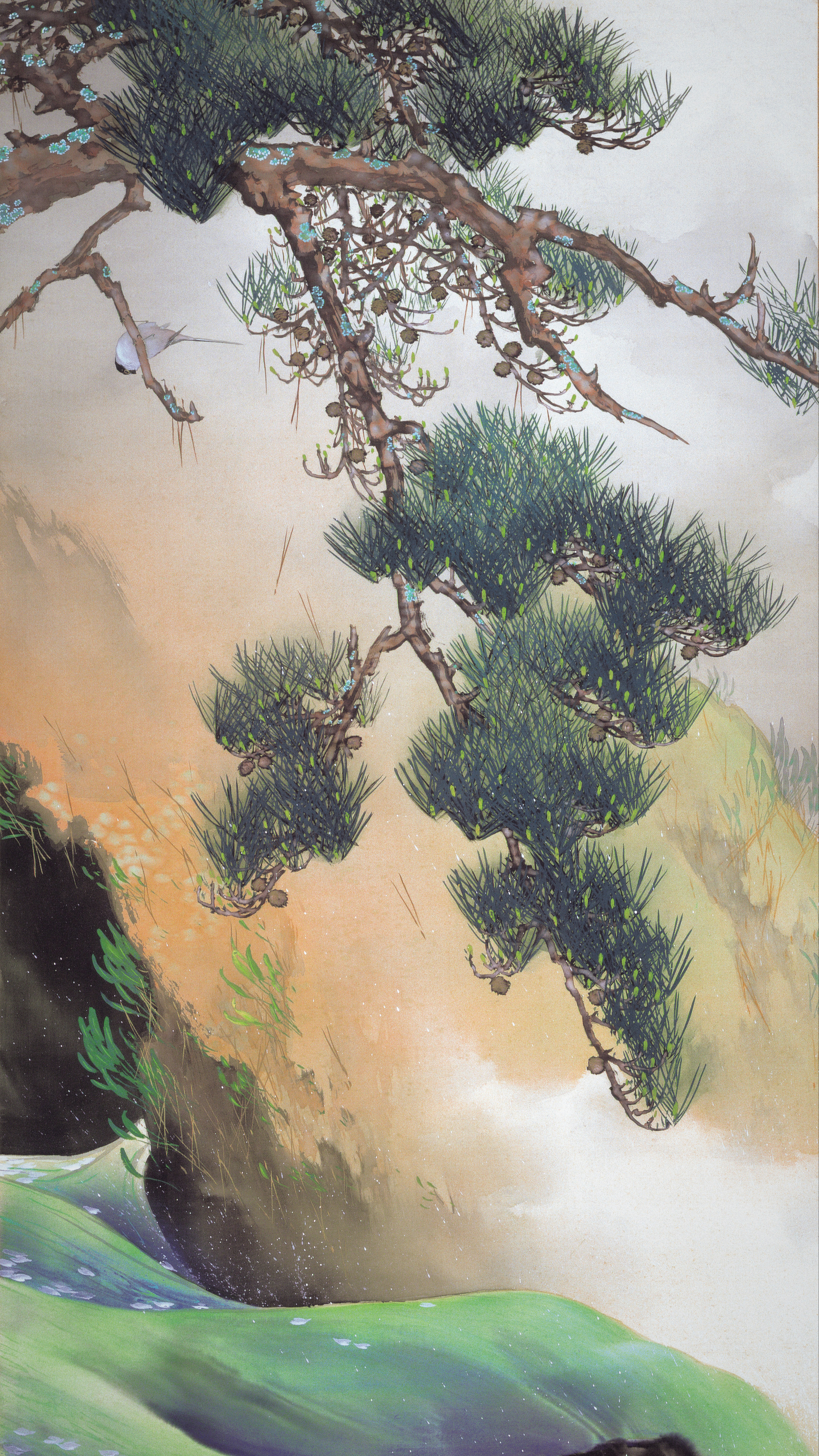 Vertical iPhone background from a Japanese painting: a pine leaning in from the top with dark blue-green needle clusters on knotted brown branches, a small white bird among them, an ochre cliff behind, and a bright green stream folding over a waterfall past wet black rocks
