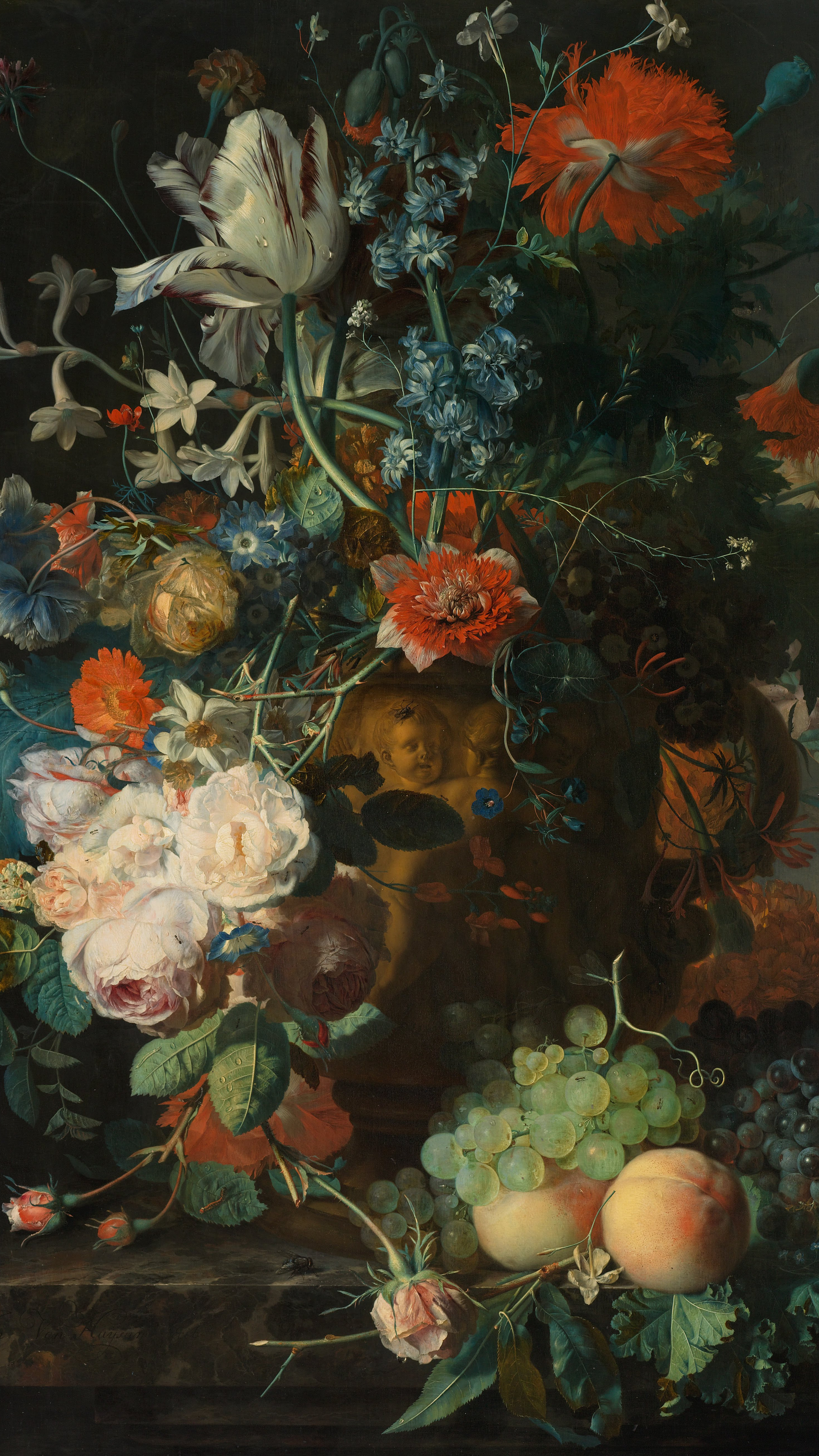Dark academia vertical iPhone background from a painting: loose bouquet with a white tulip and red carnations above spilled grapes and a peach, dark ground