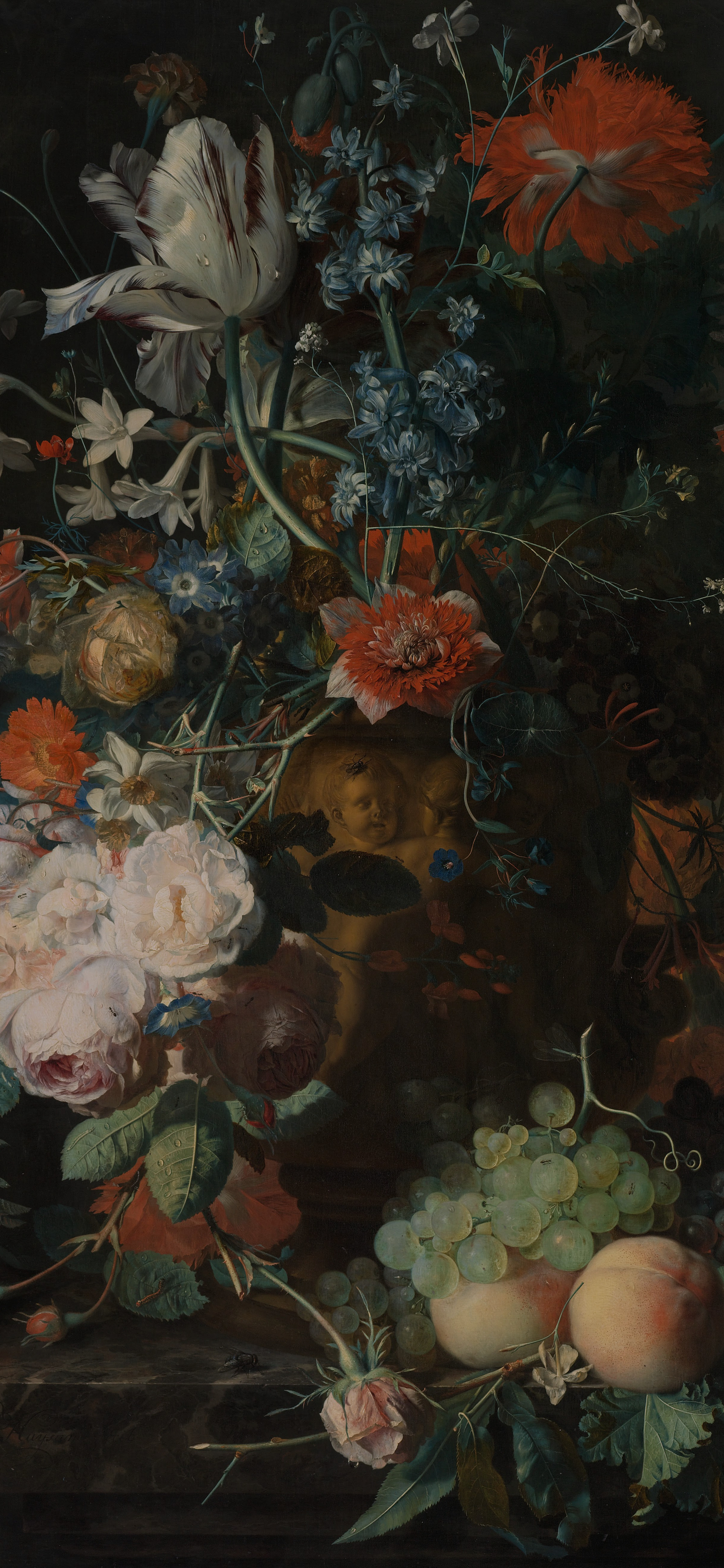 Dark academia vertical iPhone background from a painting: loose bouquet with a white tulip and red carnations above spilled grapes and a peach, dark ground