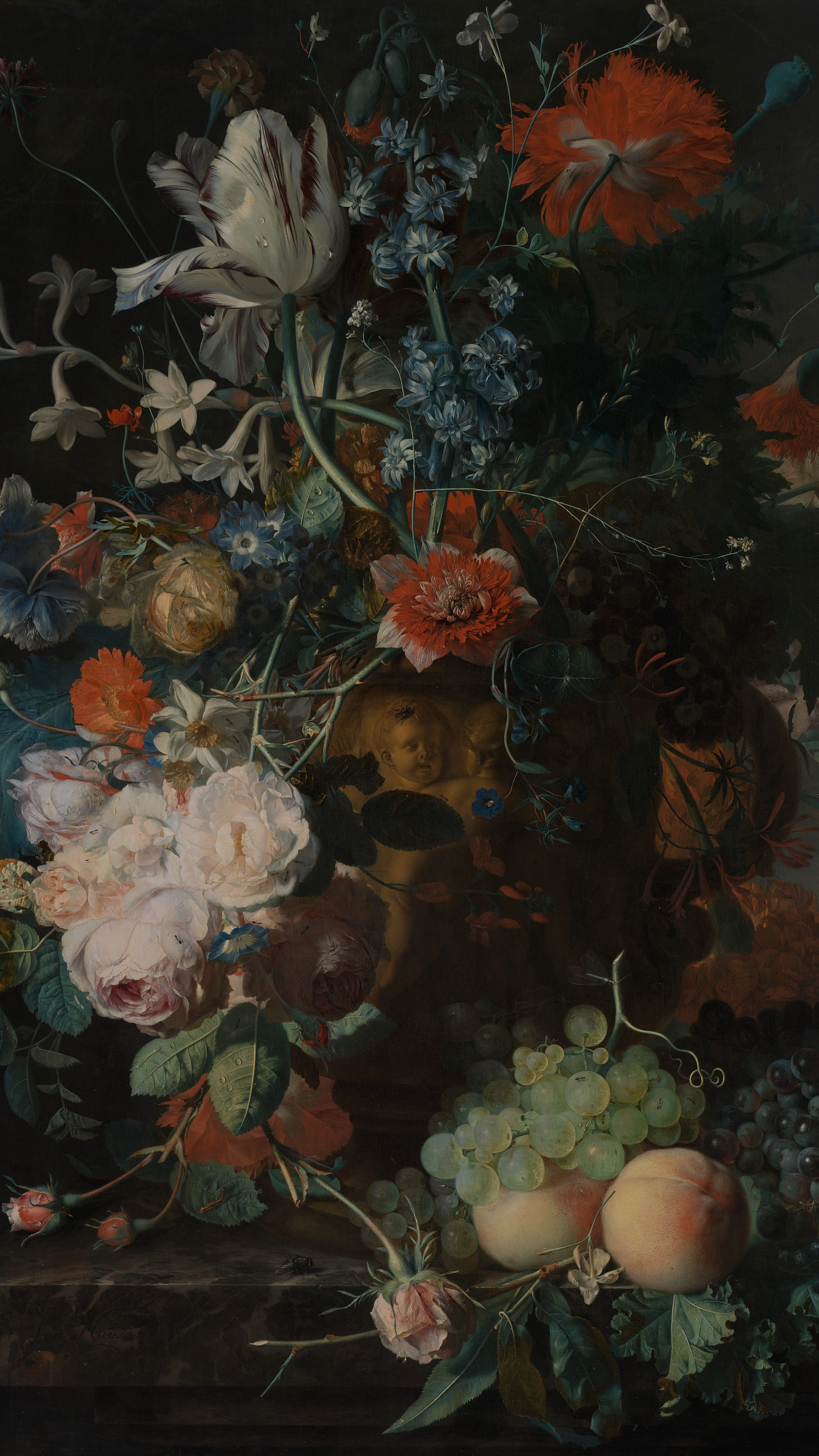 Still life with flowers and fruit, cropped to 9:16, vertical phone background
