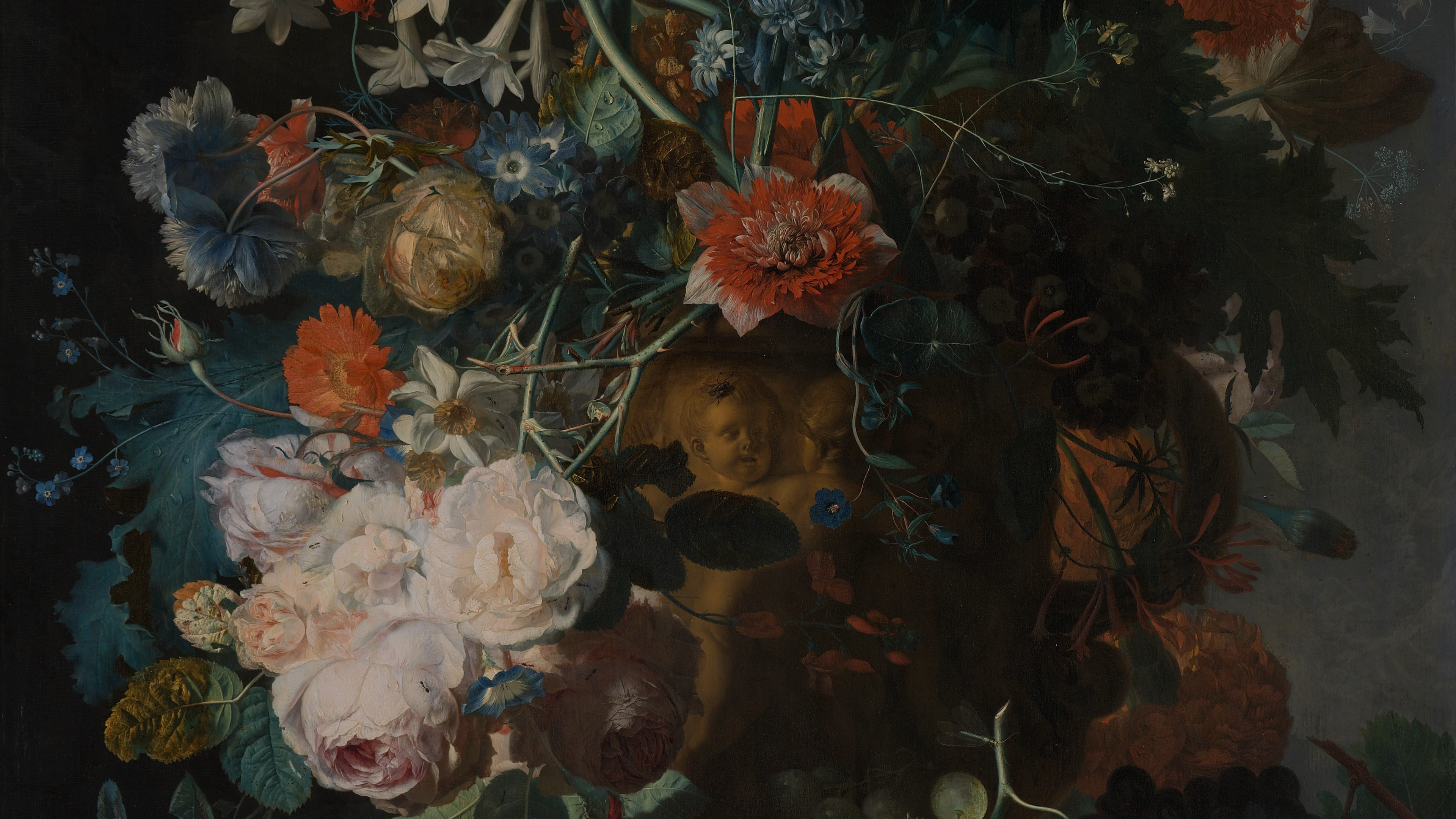 Still life with flowers and fruit, cropped to 16:9, desktop background