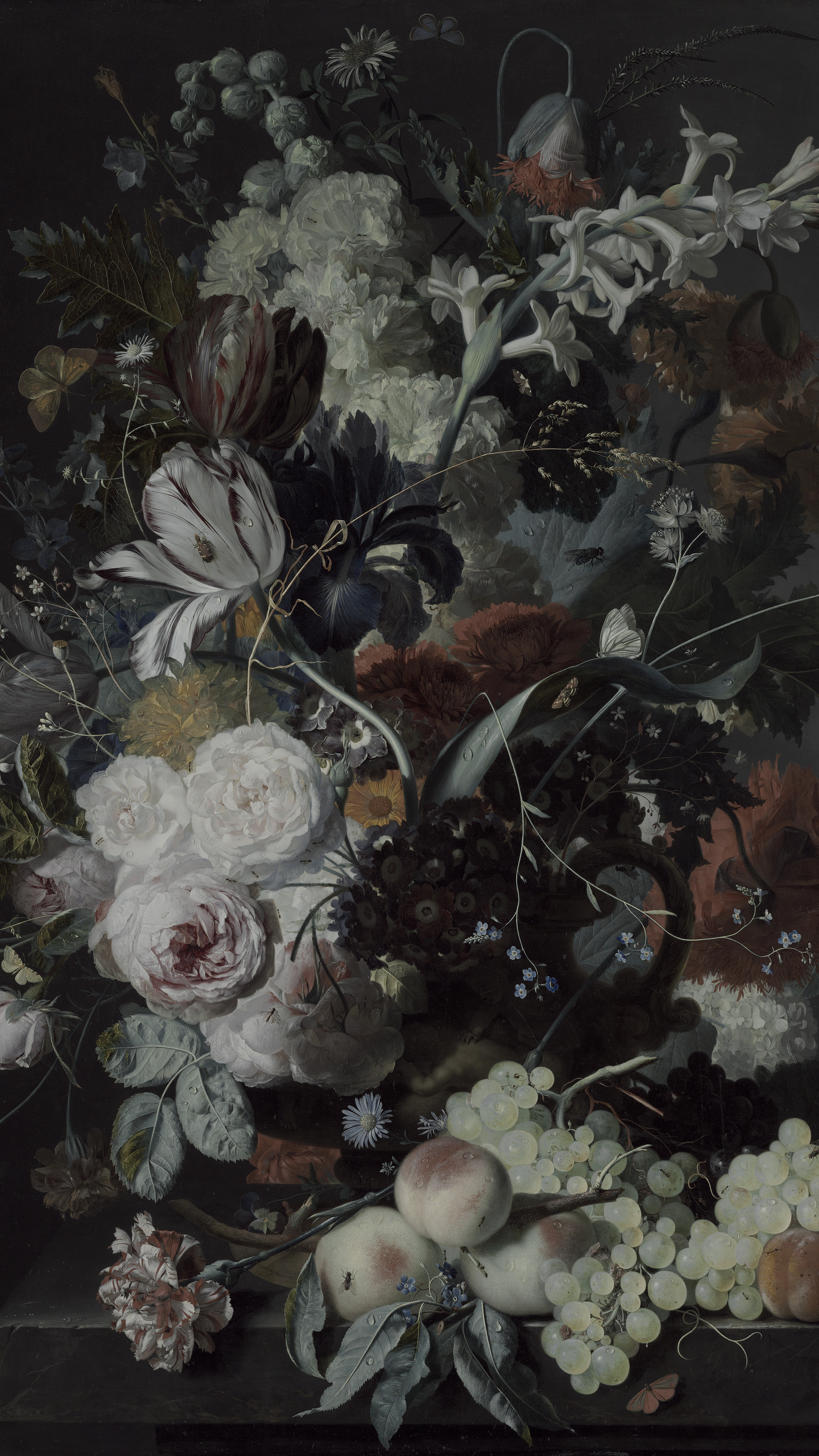 Dark academia vertical iPhone background from a painting: bouquet above a heap of grapes, peaches and plums on a stone ledge, near-black background