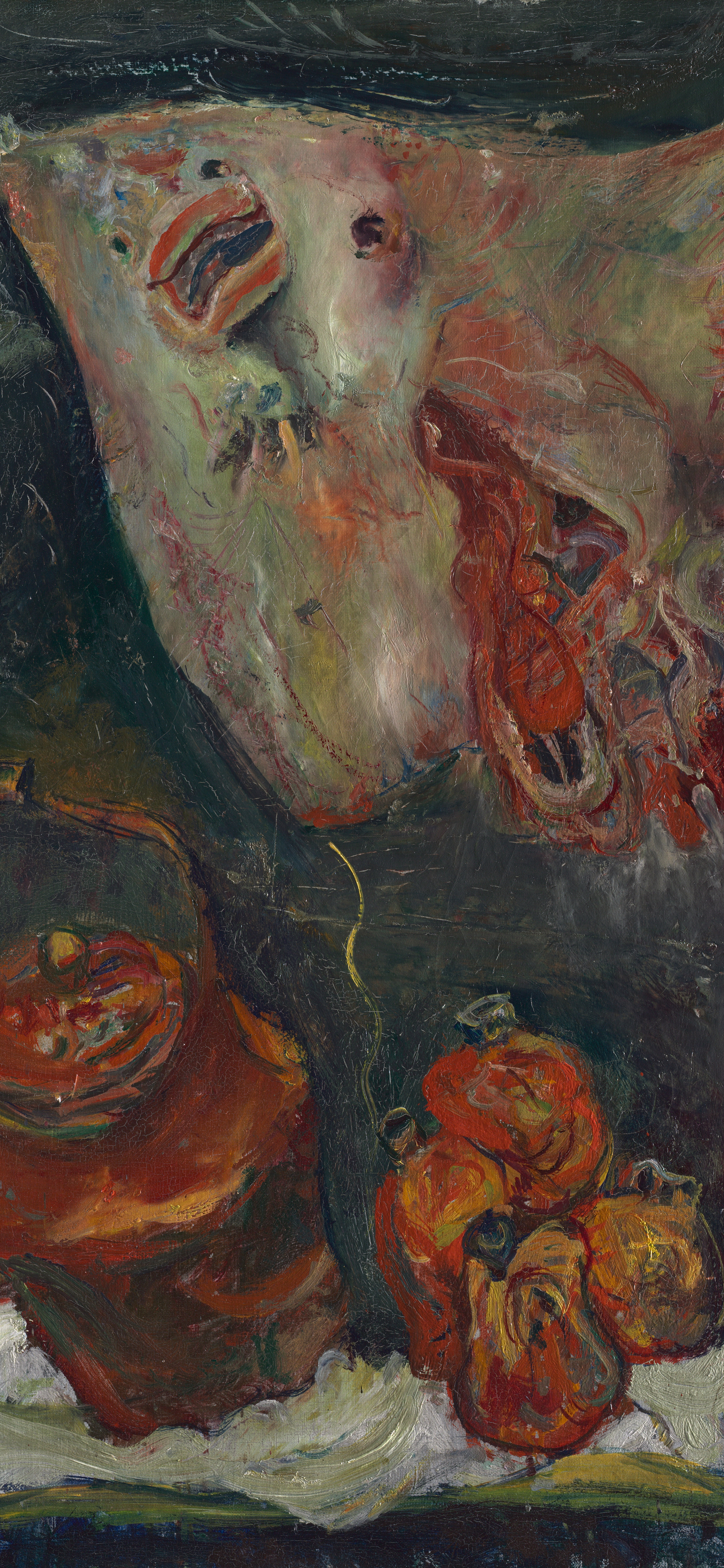 Dark moody vertical iPhone background from a painting: a pale ray fish hangs above an orange teapot, red peppers, and a dark bottle on a teal-green ground, heavy impasto brushwork in vivid reds