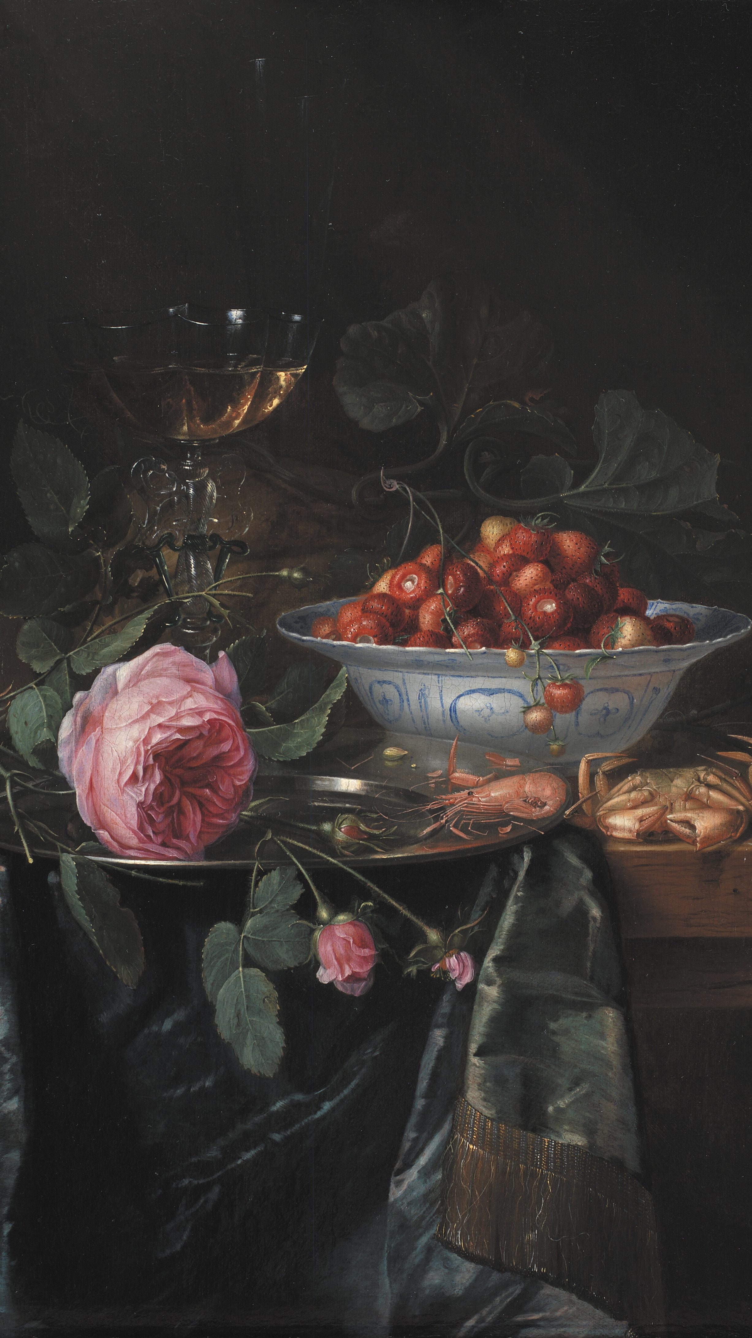 Dark academia vertical iPhone background from a painting: dark still life with pink rose, bowl of red strawberries, tall wine glass, crab and shrimp on dark satin cloth, Dutch golden age richness