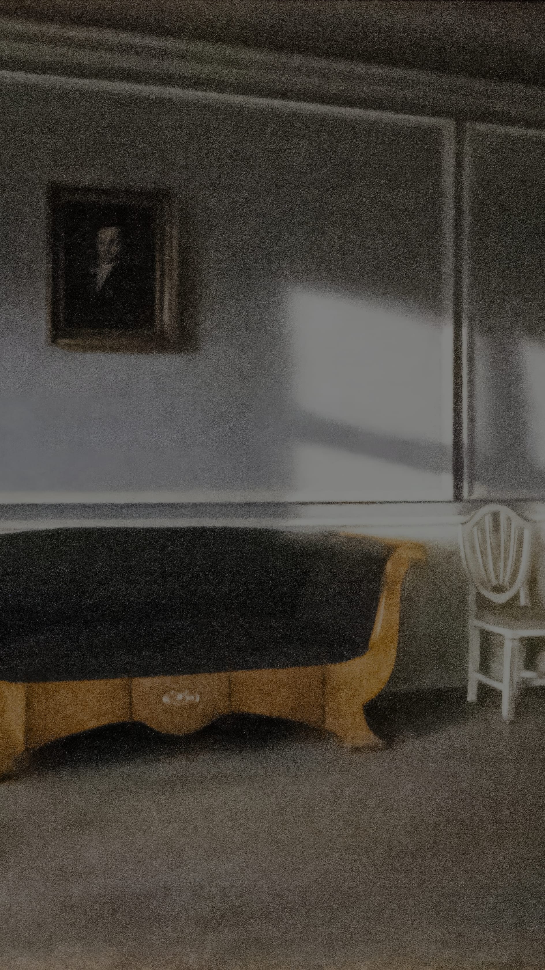 Dimmed vertical iPhone background from a painting: an empty grey room with a small dark portrait on the wall, a slab of sunlight lying across the plaster beside it, and a pale wooden sofa with black upholstery below