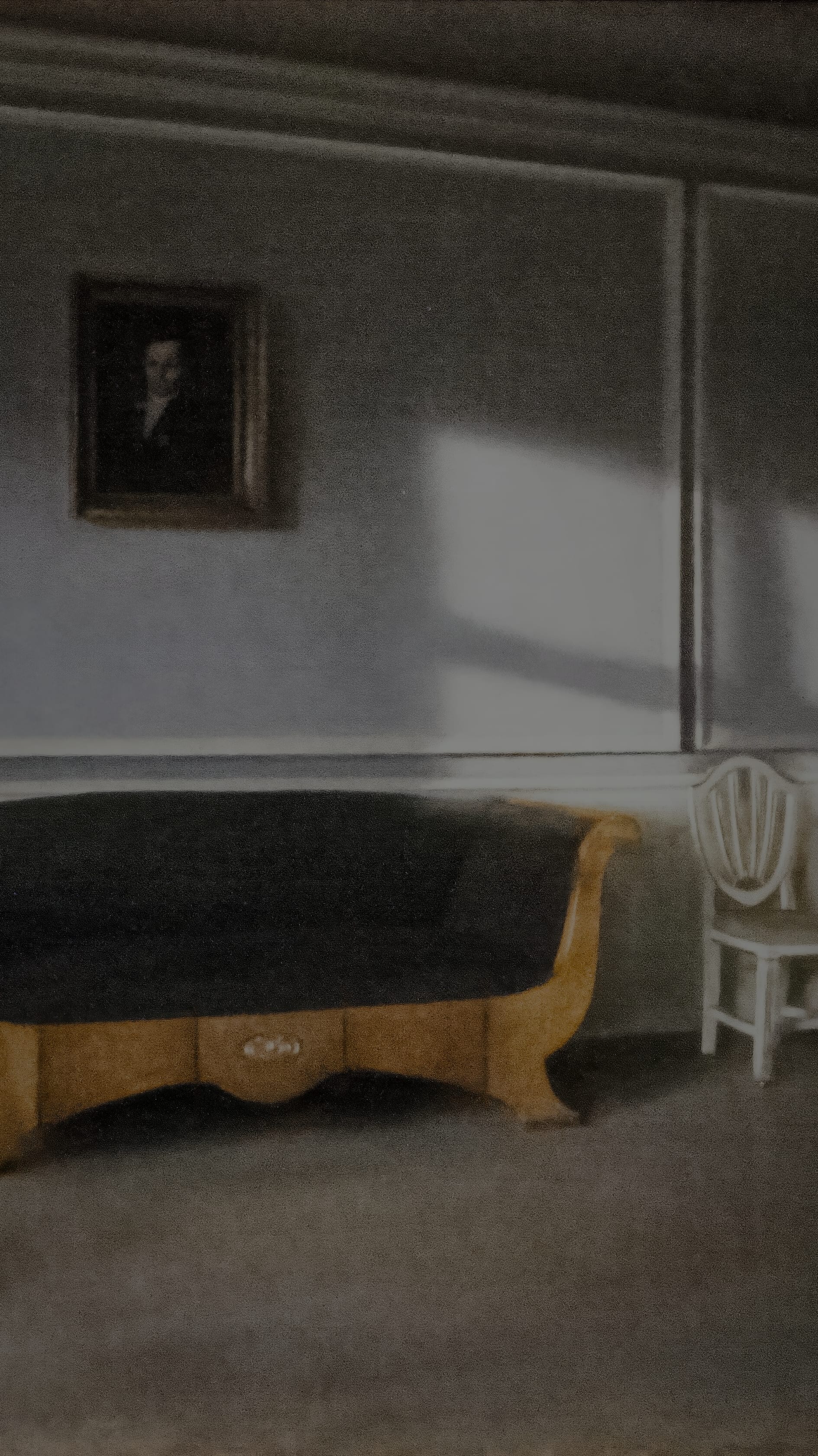 Dimmed vertical iPhone background from a painting: an empty grey room with a small dark portrait on the wall, a slab of sunlight lying across the plaster beside it, and a pale wooden sofa with black upholstery below
