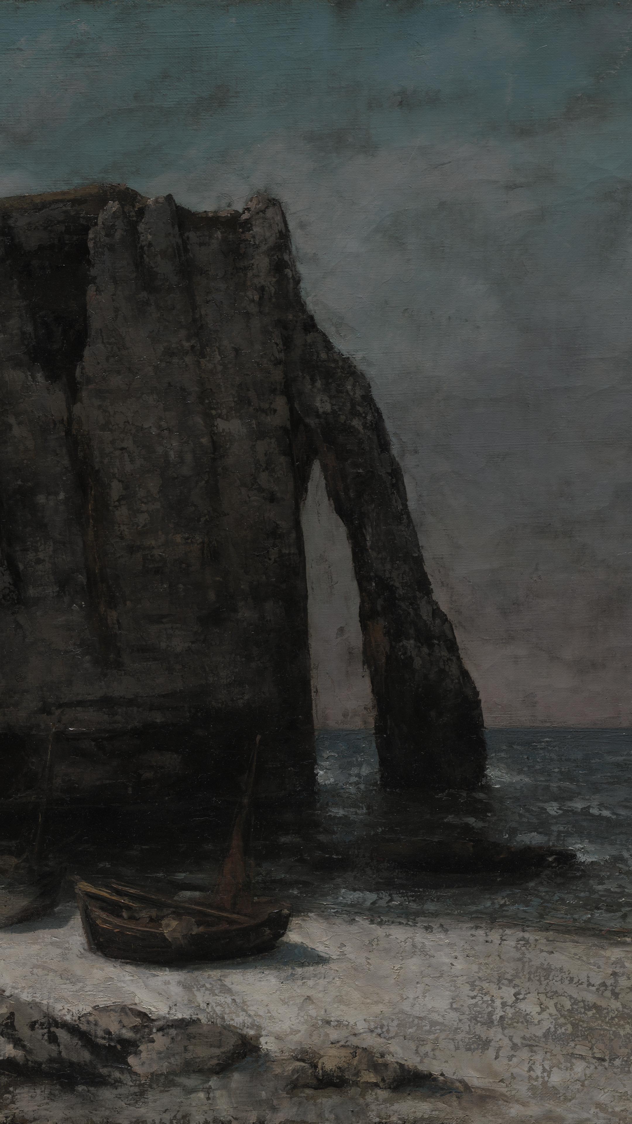 iPhone wallpaper from a painting: chalk arch and needle above a shingle beach with fishing boats drawn up and a green sea