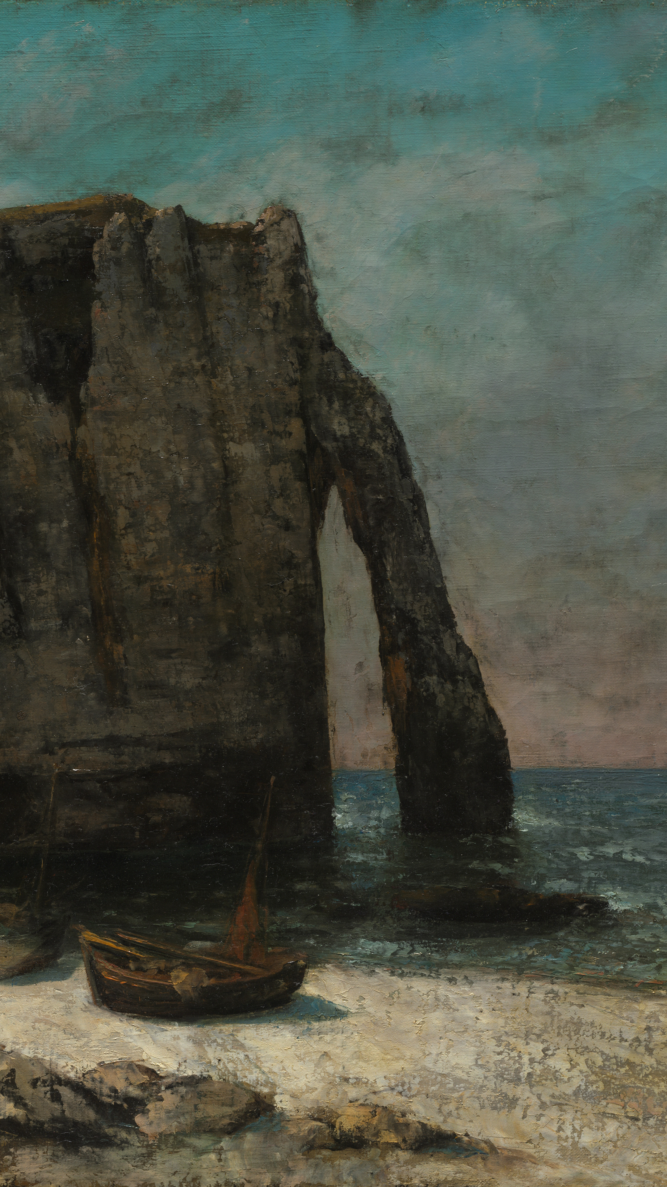 iPhone wallpaper from a painting: chalk arch and needle above a shingle beach with fishing boats drawn up and a green sea
