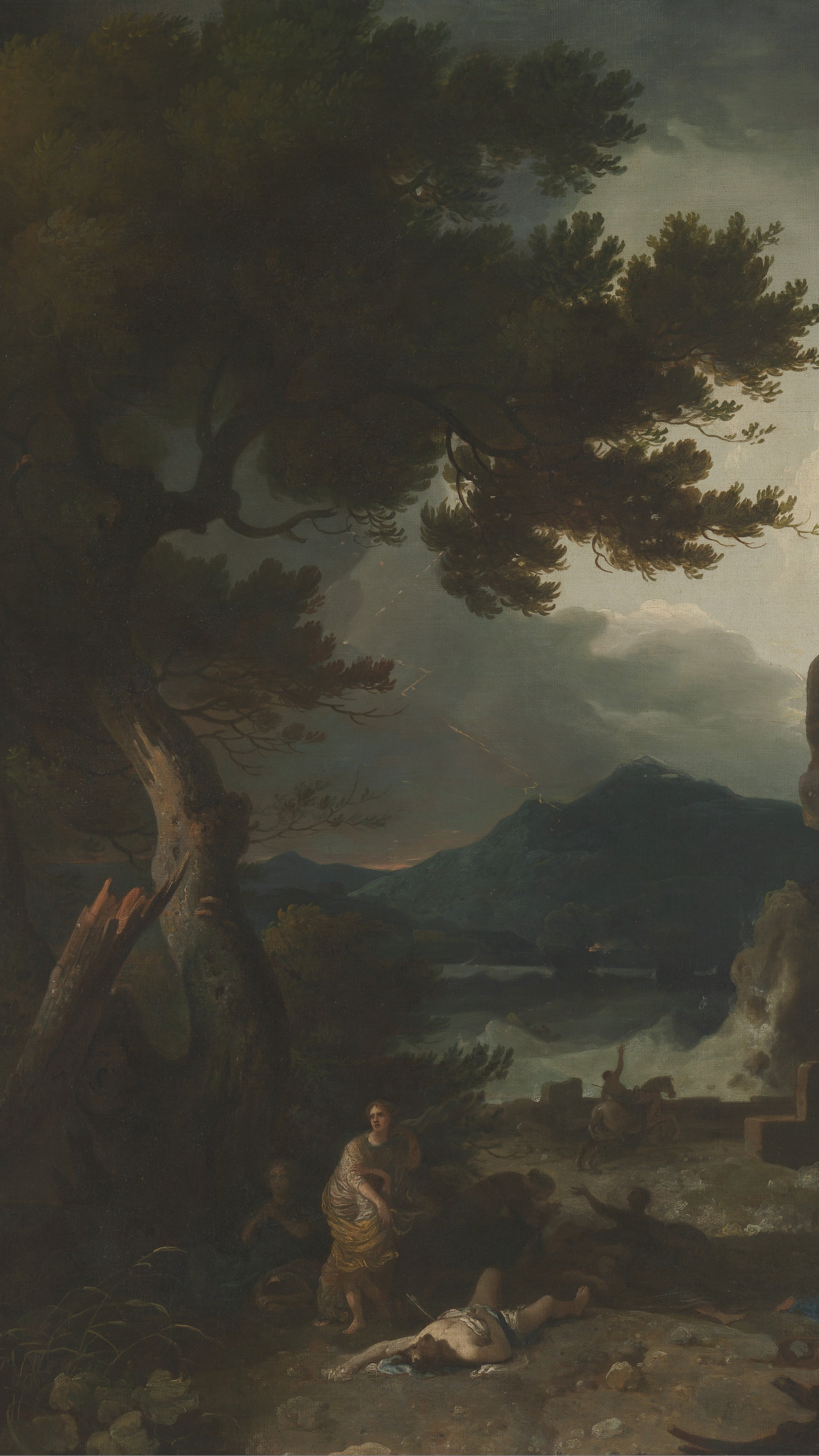 Dark academia vertical iPhone background from a painting: storm over a dark wooded valley with lightning-struck trees and figures scattered on the ground