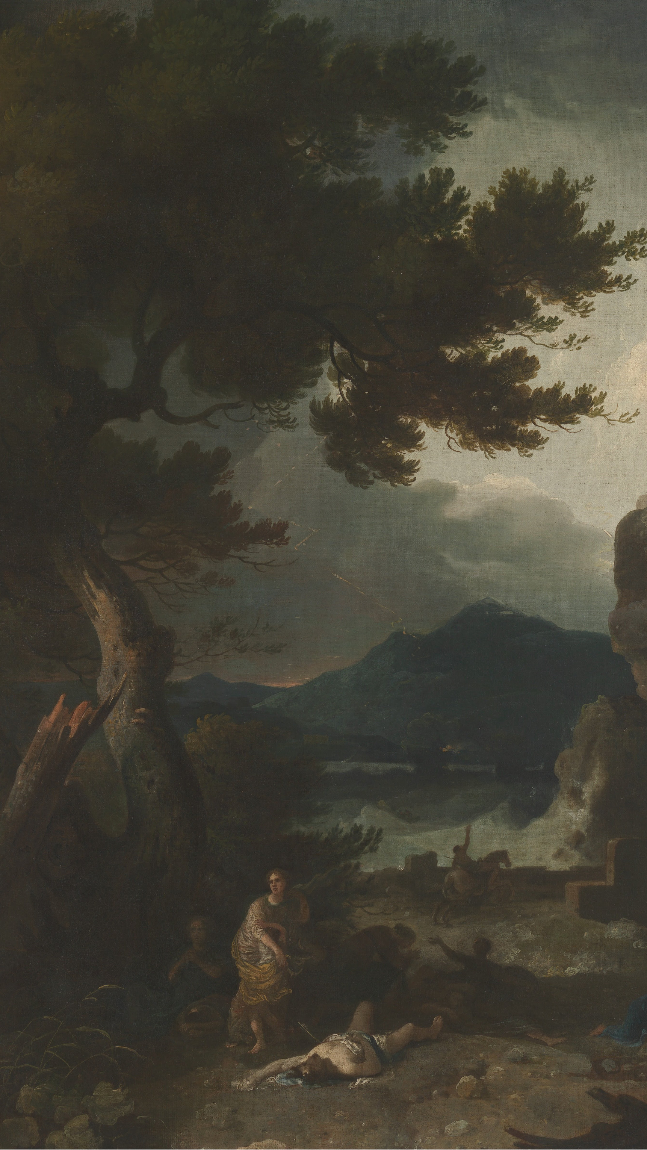 Dark academia vertical iPhone background from a painting: storm over a dark wooded valley with lightning-struck trees and figures scattered on the ground