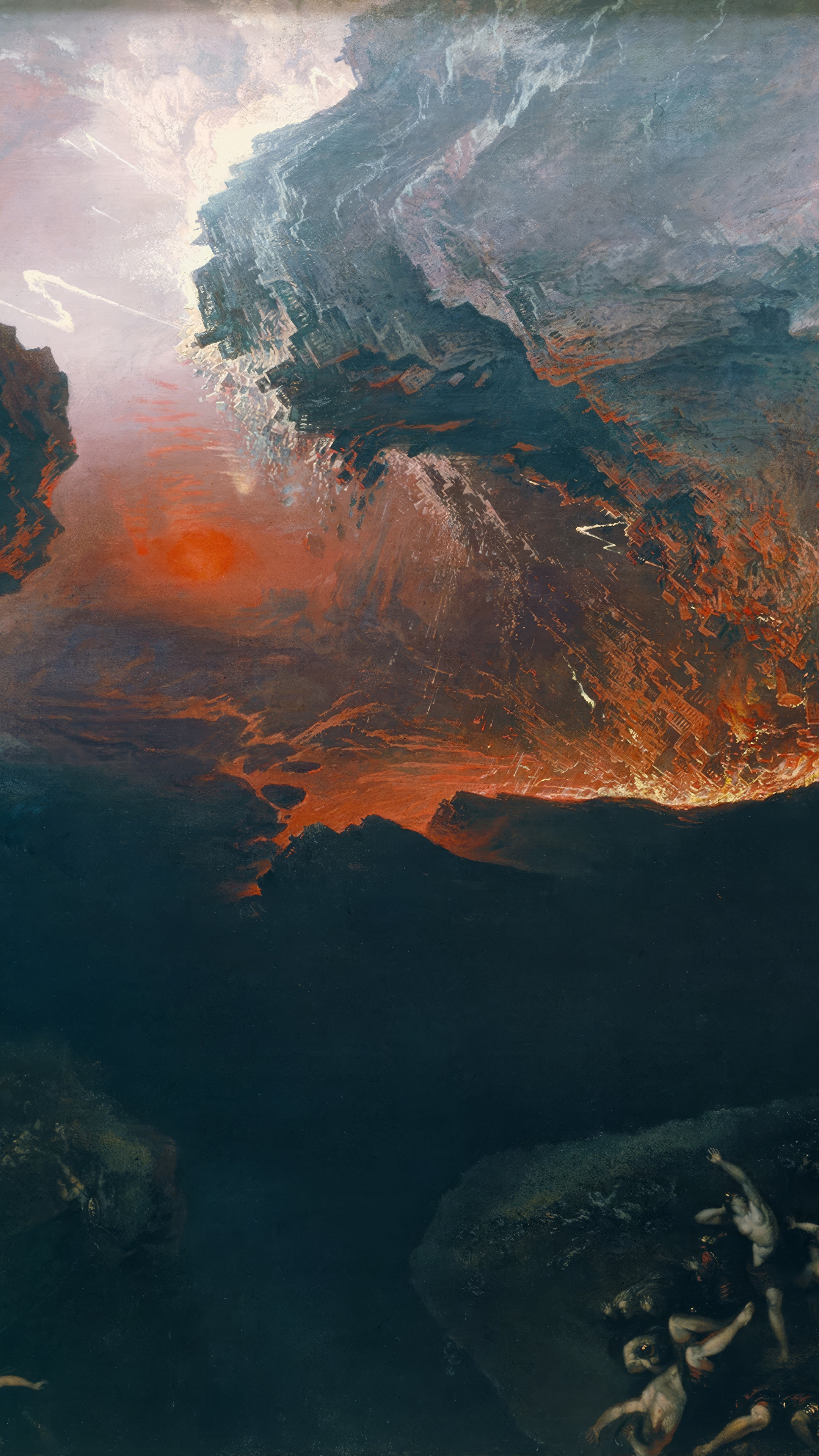 Dark moody vertical iPhone background from a painting: a cliff face torn loose and tipping over a chasm, dull red fire glowing behind the falling rock, and a black gulf filling the lower half of the frame