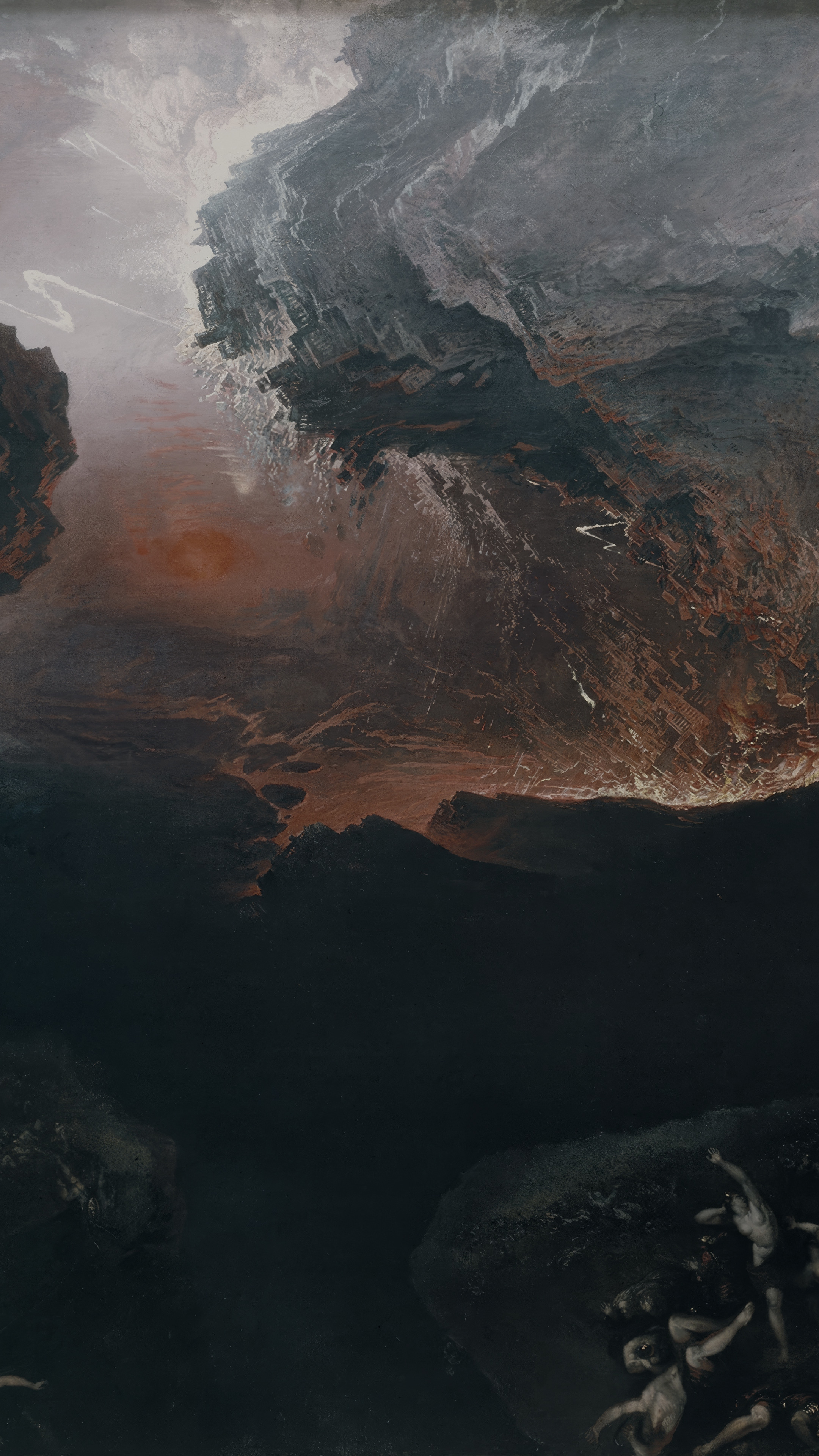Dark moody vertical iPhone background from a painting: a cliff face torn loose and tipping over a chasm, dull red fire glowing behind the falling rock, and a black gulf filling the lower half of the frame