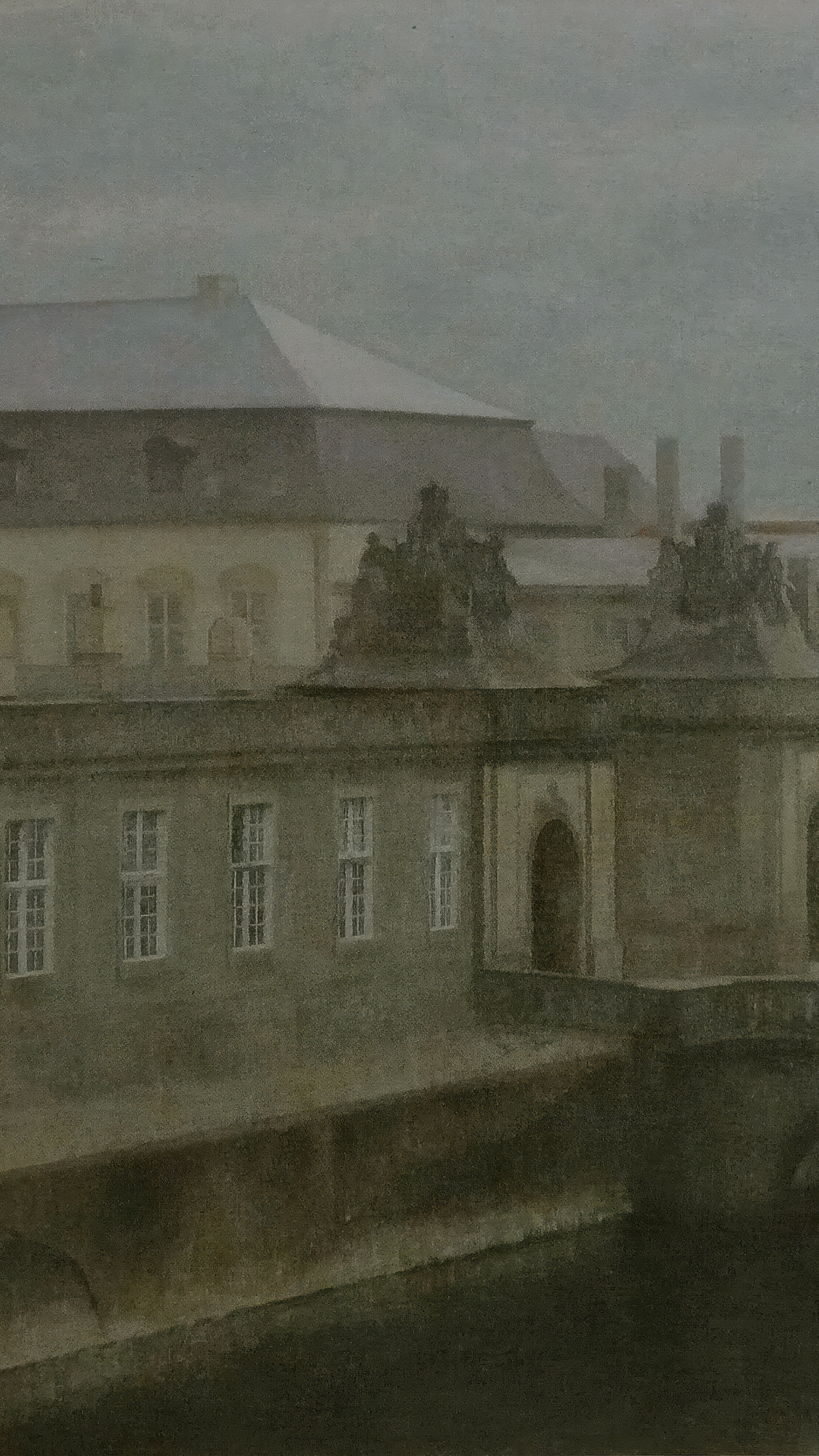 Dimmed vertical iPhone background from a painting: the grey stone wing of an old palace in flat winter light, a row of tall white-framed windows, a dark arched doorway and a low balustrade in front