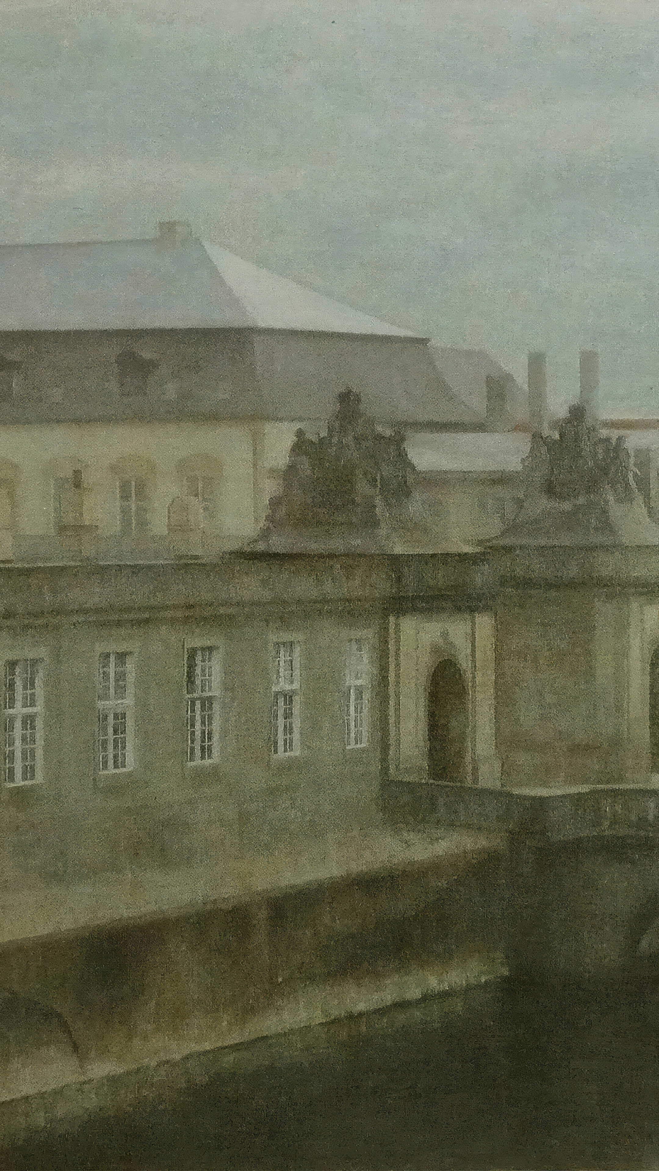Vertical iPhone background from a painting: the grey stone wing of an old palace in flat winter light, a row of tall white-framed windows, a dark arched doorway and a low balustrade in front