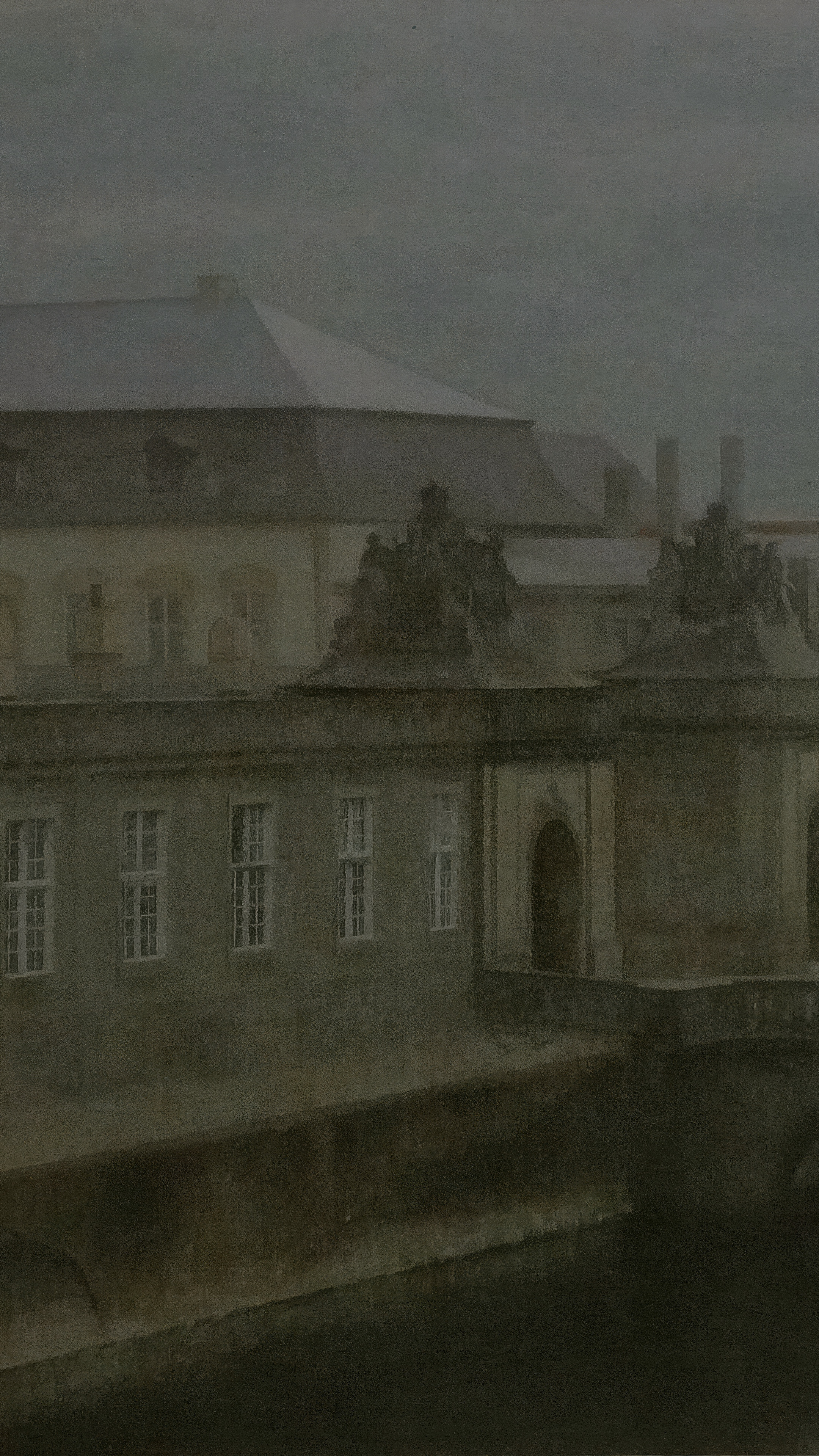 Dimmed vertical iPhone background from a painting: the grey stone wing of an old palace in flat winter light, a row of tall white-framed windows, a dark arched doorway and a low balustrade in front
